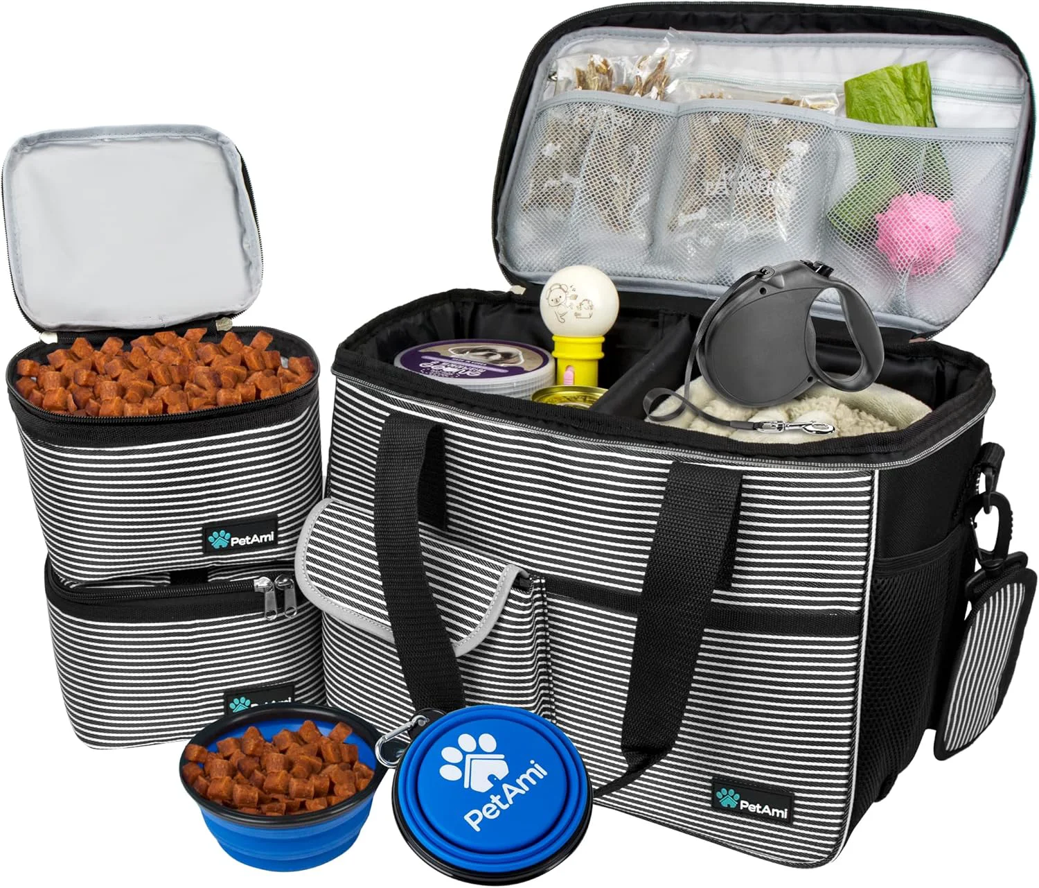 Professional PetAmi Dog Travel Bag - Travel Pet Organizer with Food Container and Bowls for Weekend Camping Cat Diaper Bag Stripe Black Medium Natural