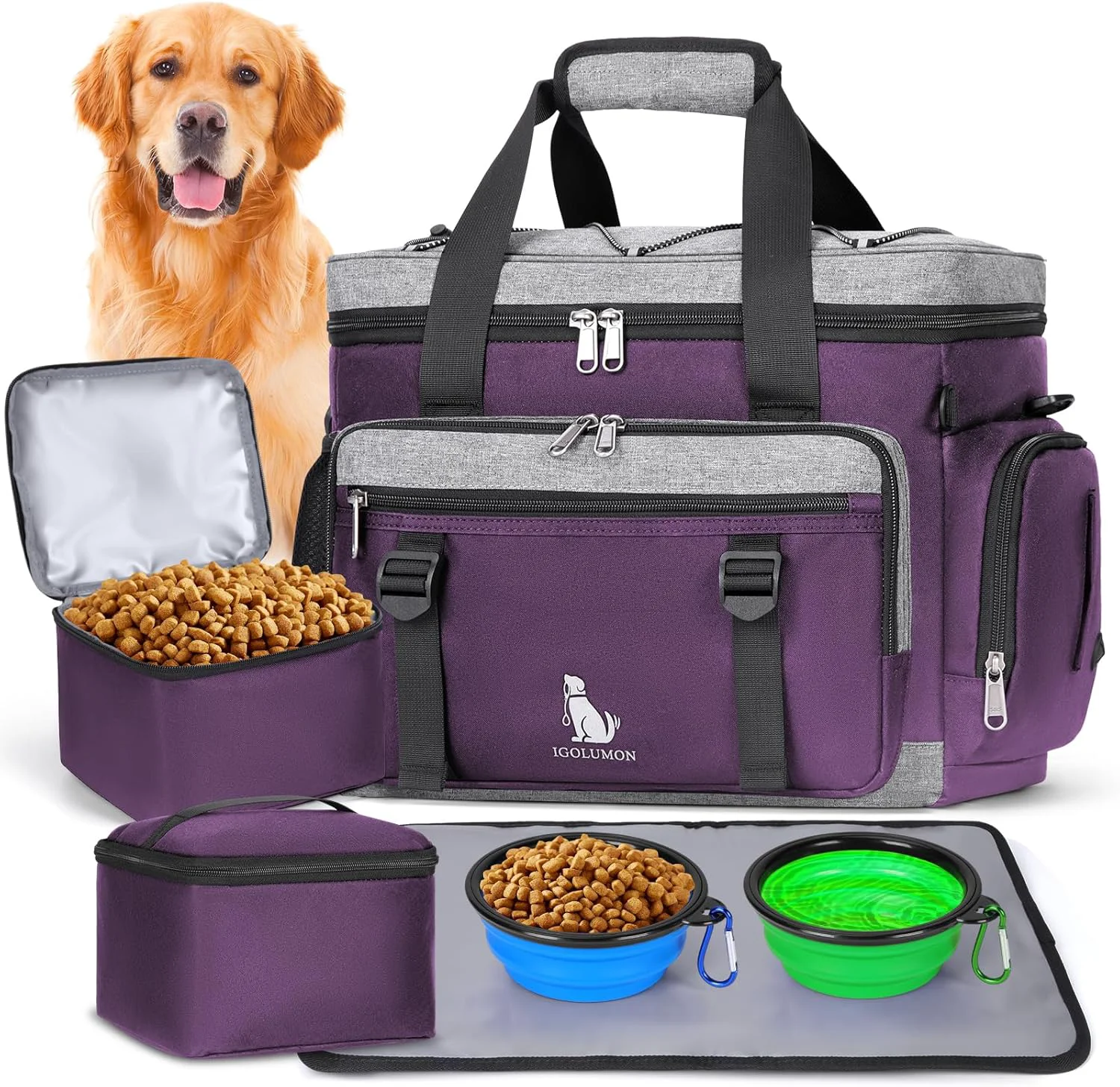 Responsible IGOLUMON Dog Travel Bag Large Pet Travel Bags Set for Supplies Weekend Dog Travel Kit Tote Organizer Multi-Pockets Dog Food Travel Bag with 2 Large Food Containers 2 Dog Bowls 1 Feeding Mat Purple Pure