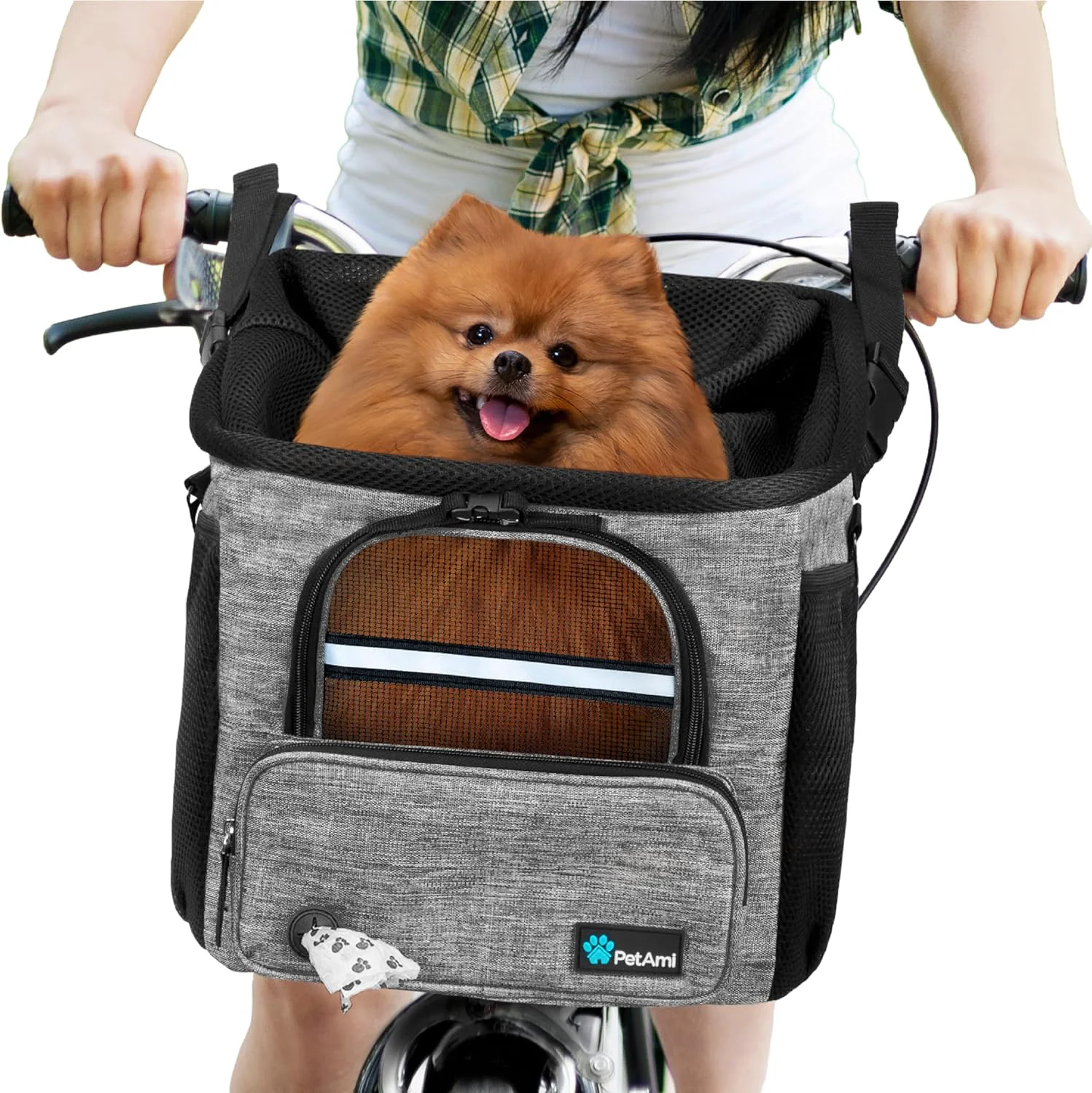 Environmentally Friendly PetAmi Dog Bike Basket Soft-Sided Ventilated Dog Bike Carrier Backpack Pet Bicycle Basket for Bike Handlebar Small Medium Puppy Cat Kitten Car Booster Seat with Safety Strap Max 18 lbs Gray Carefully Designed