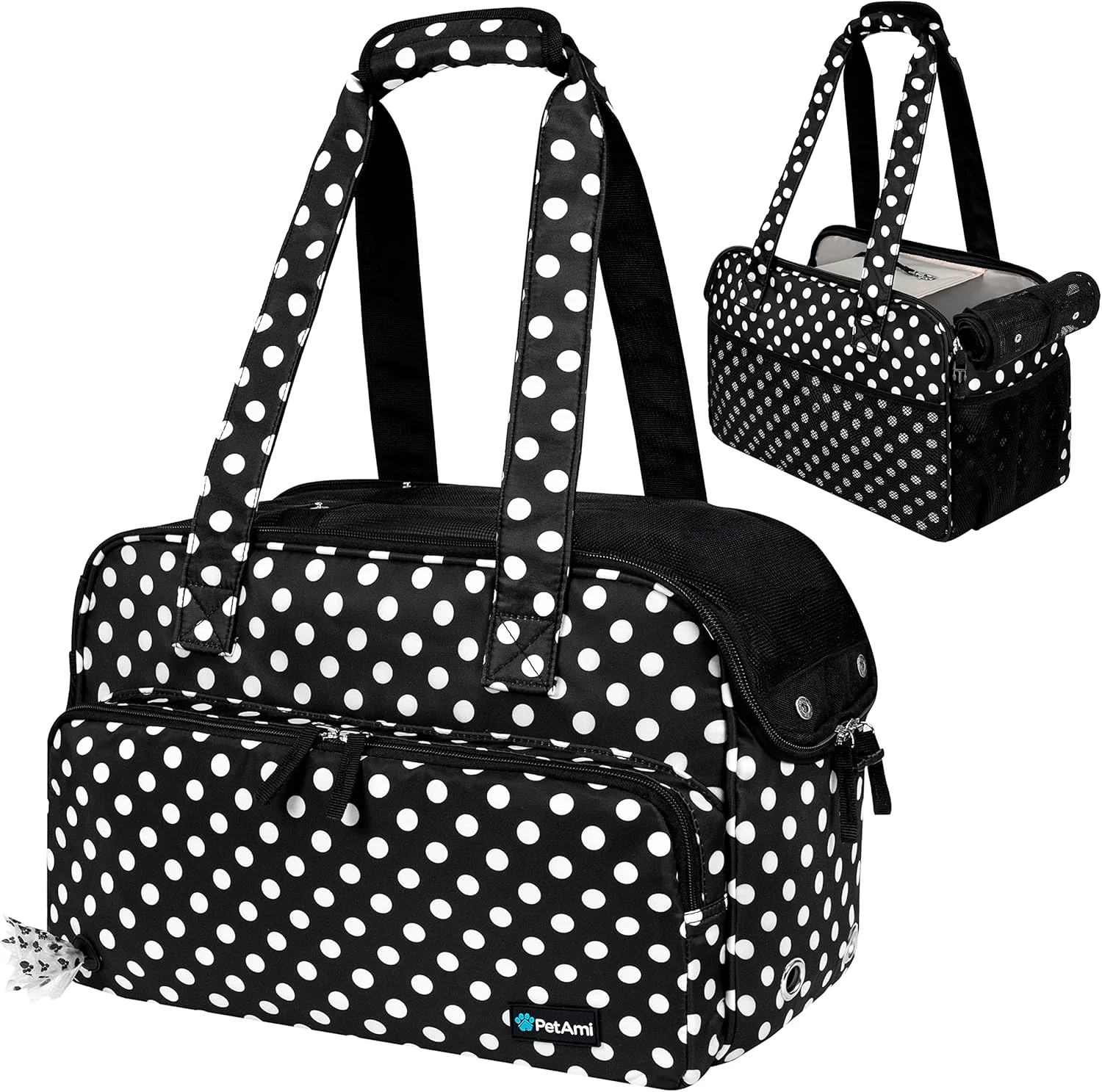 Classic PetAmi Small Dog Purse Carrier Soft-Sided Pet Carrier Bag with Pockets Portable Puppy Cat Travel Handbag Tote Airline Breathable Mesh Poop Bag Dispenser Max 18 lbs Polka Dot Black Elegant