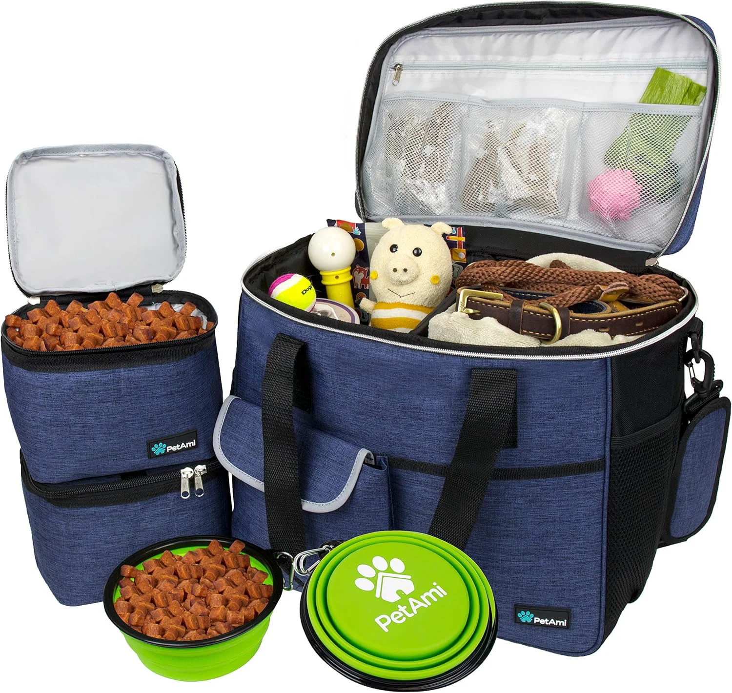Optimized PetAmi Dog Travel Bag - Travel Pet Organizer with Food Container and Bowls for Weekend Camping Navy Large Detailed