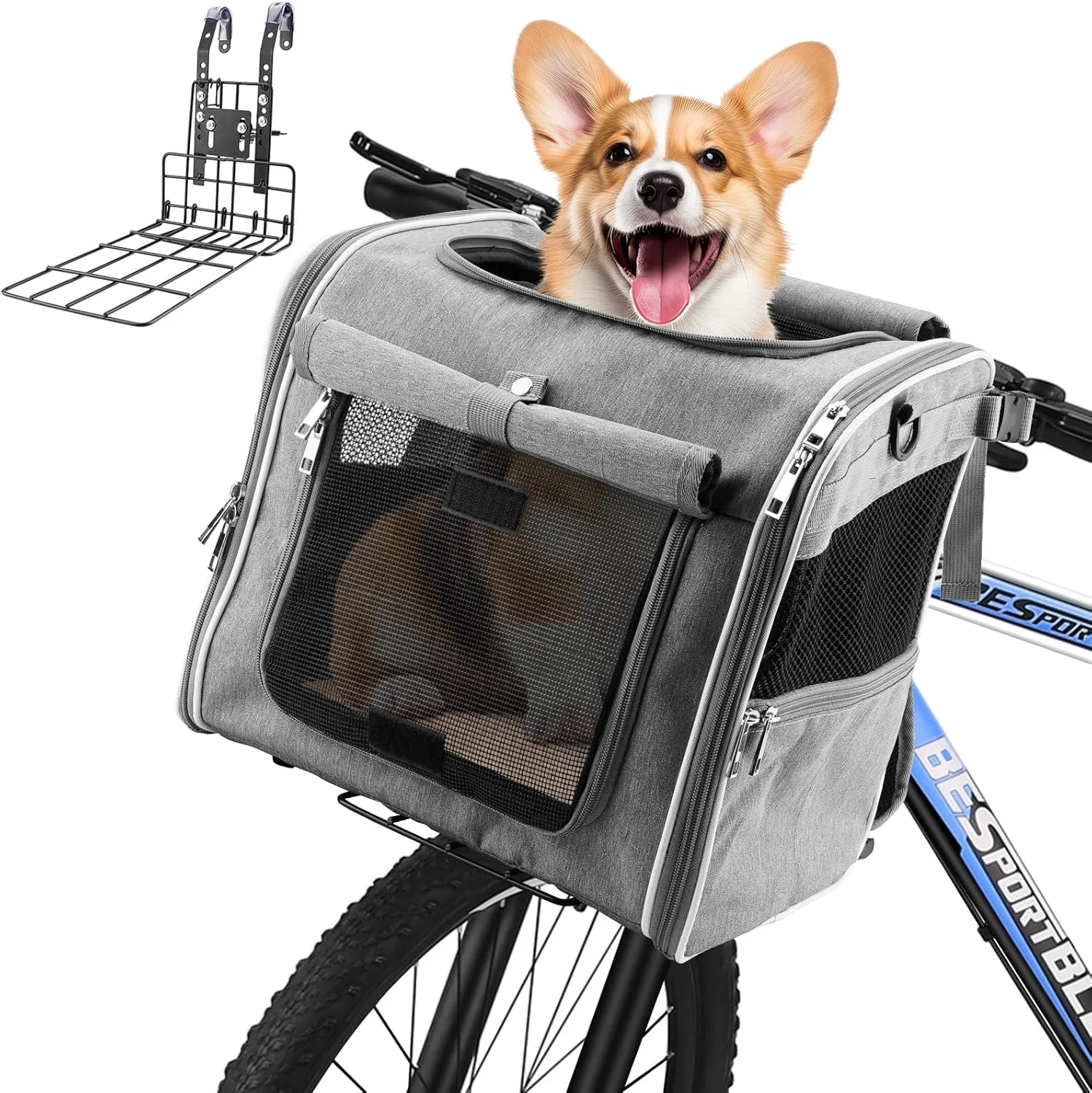 Fashionable Xixter Dog Basket for Bike Suitable for Small Medium Pet Up to 7 kg Foldable 4-in-1 Pet Bike Basket Crossbody Shoulder and Car Seat with Sturdy Bracket and 4 Mesh Windows Gray Classic