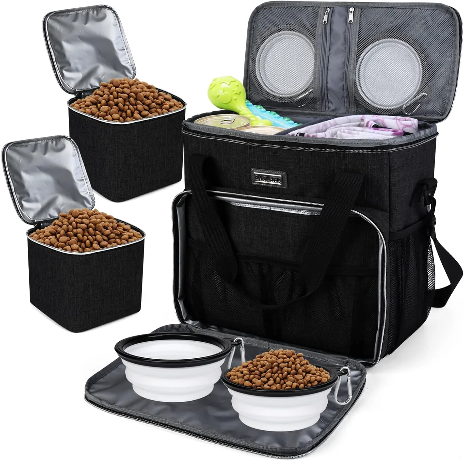 Comfortable BAGLHER Dog Travel Bag Pet Travel Bag All Pet Travel Supplies with 2 Pet Food Containers and 2 Collapsible Silicone Bowls Essential Kits for Pet Travel Black Outstanding