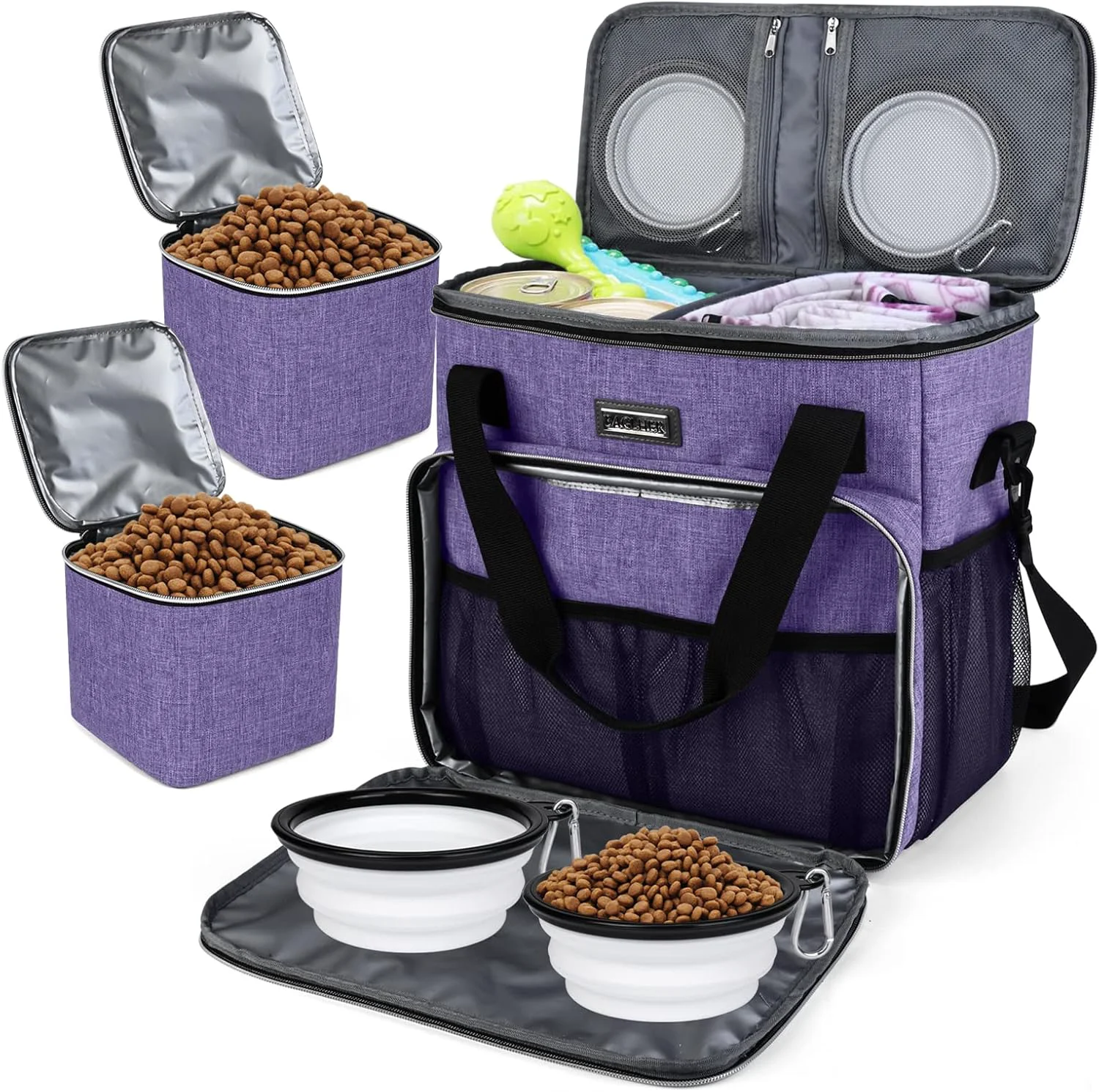 Crafted BAGLHER Dog Travel Bag Pet Travel Bag ALL Pet Travel Supplies With 2 Pet Food Containers and 2 Collapsible Silicone Bowls Essential Kits for Pet Travel Purple Innovative