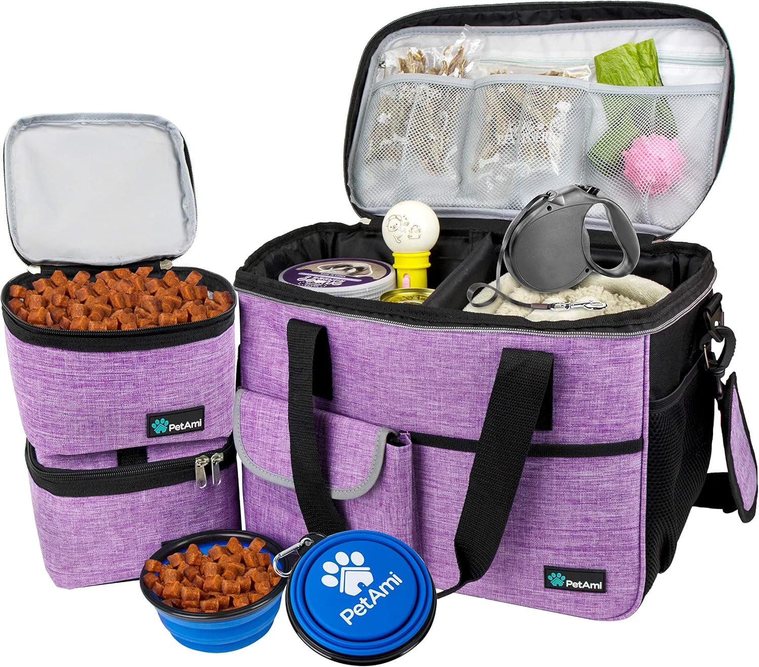 Unique PetAmi Dog Travel Bag Travel Pet Bag Organizer Dog Food Travel Bag with Food Container and Bowls Dog Travel Supplies Gift Accessories for Weekend Camping Dog Cat Diaper Bag Purple Medium Long-Lasting