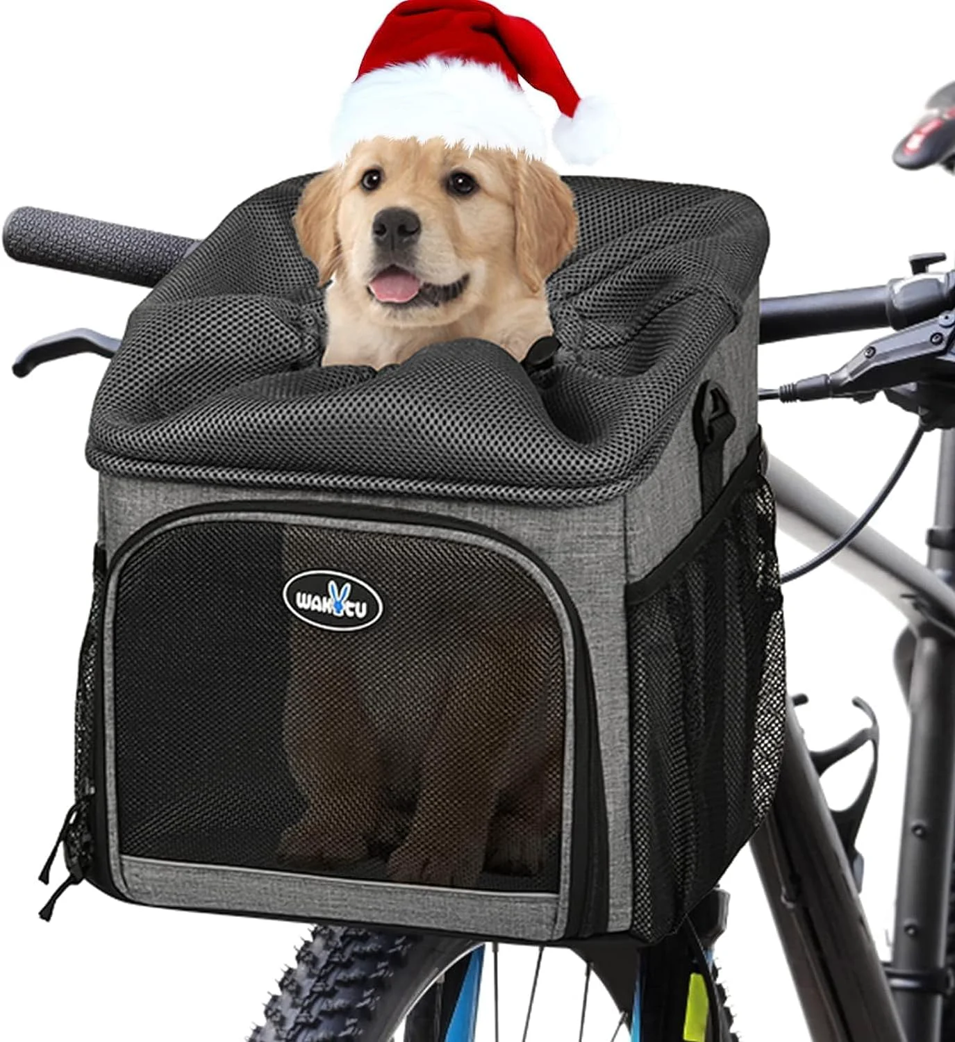 Lightweight Dog Bike Basket Carrier Pet Bicycle Front Carrier Backpack for Bike Riding Foldable Removable Reflective Strips 2 Side Storage Pockets Pet Travel Bag for Cats Small Dogs Powerful