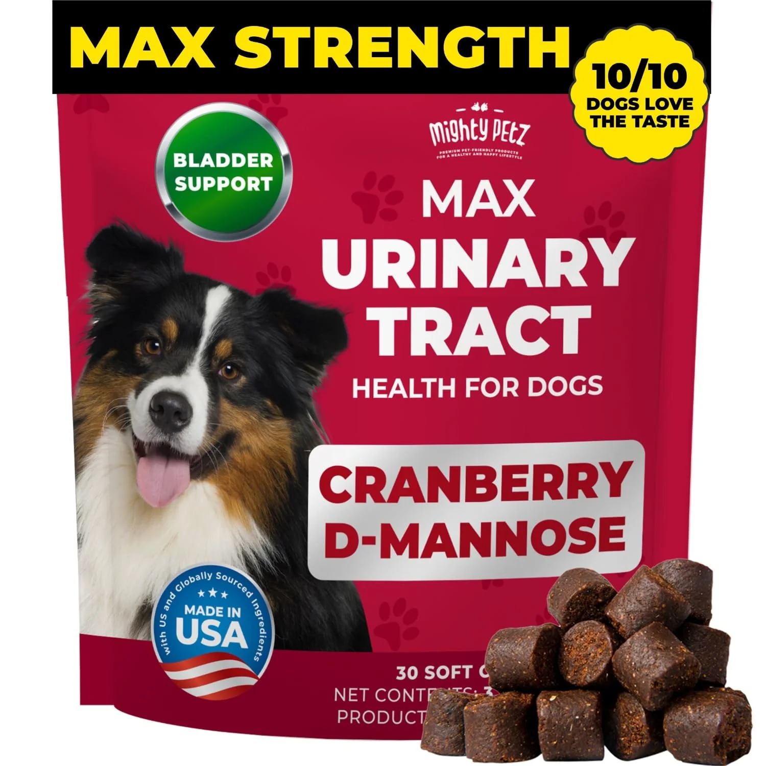 Lightweight Mighty Petz MAX Cranberry for Dogs UTI Support D-Mannose Probiotics Chews Environmentally Friendly
