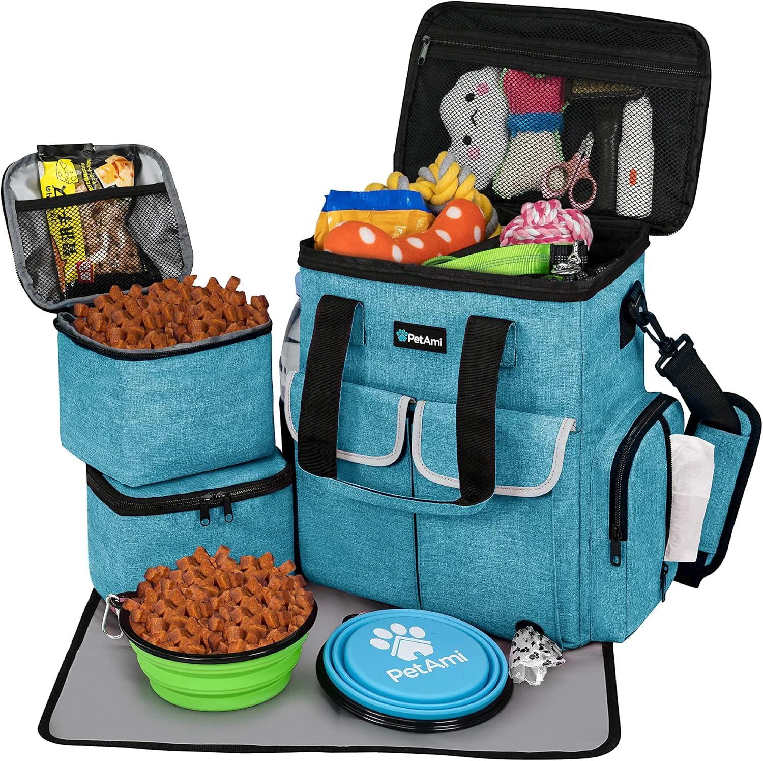 Clean PetAmi Dog Travel Bag Pet Supplies Accessories Organizer for Traveling Camping Weekend Cat Pet Travel Bag Kit Includes 2 Food Storage Containers 2 Collapsible Bowls 1 Feeding Mat Teal Blue Breathable