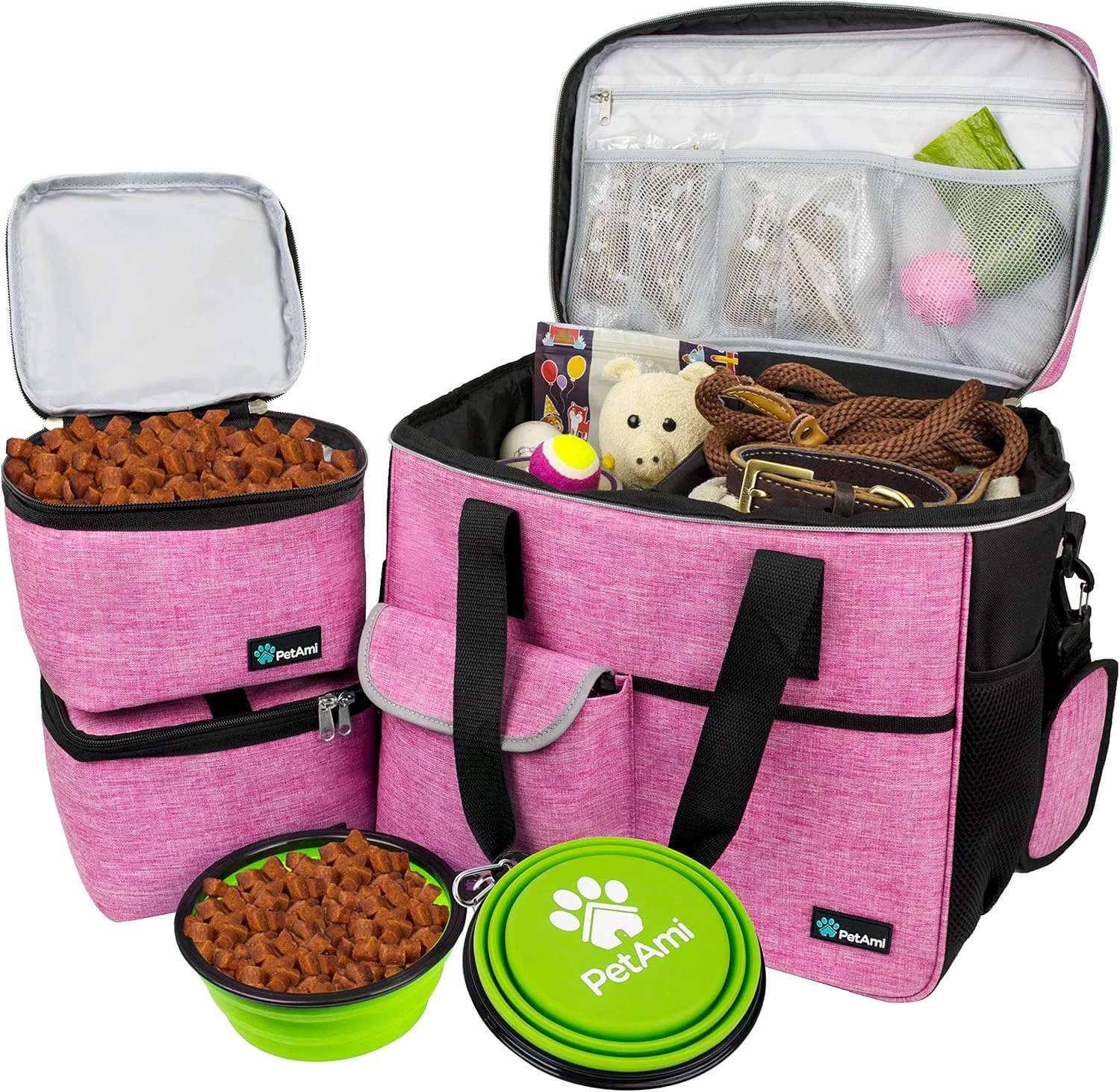 Casual PetAmi Dog Travel Bag - Travel Pet Organizer with Food Container and Bowls for Weekend Camping Cat Diaper Bag Pink Large Lightweight