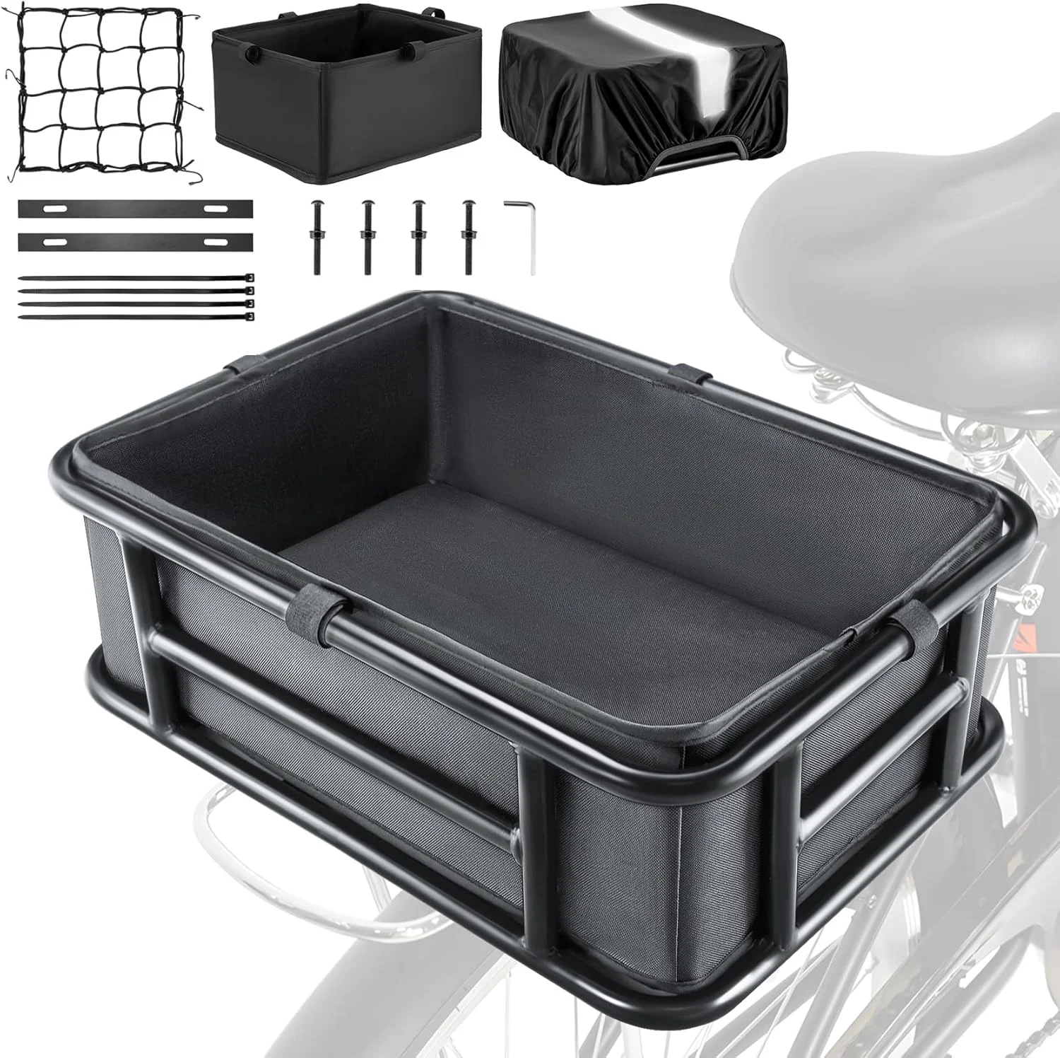 Functional Bike Basket Rear with Liner Waterproof Cover Cargo Net Large Rear Bike Basket Heavy Duty Bicycle Rear Basket for Electric Bike Ebike Great for Bike Trip Carrying Grocery Ball Dog Premium Material