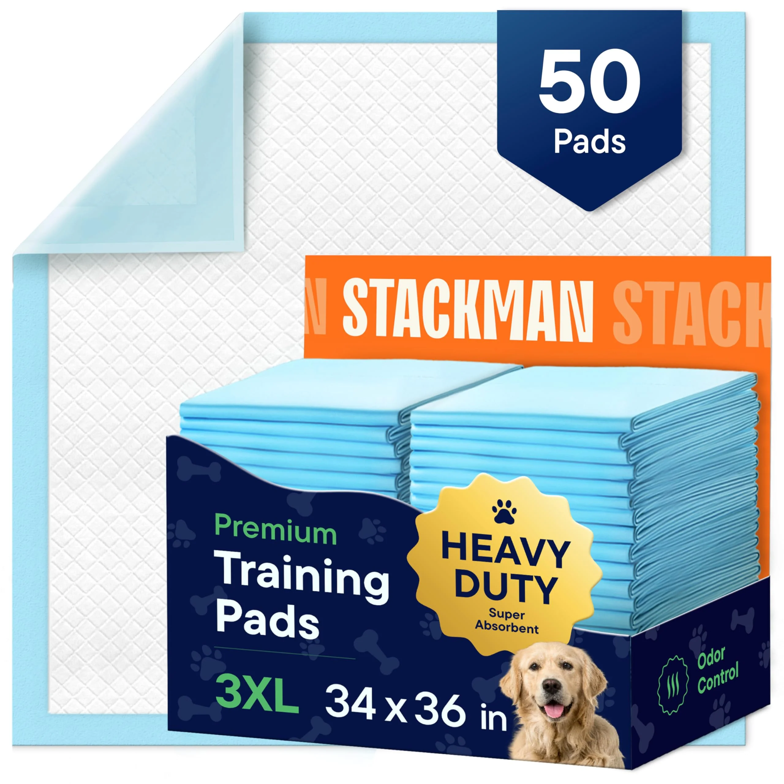 Breathable Stack Man Large Dog Pads 34x36 - Leak-Proof Puppy Training Pads 50-Count Original