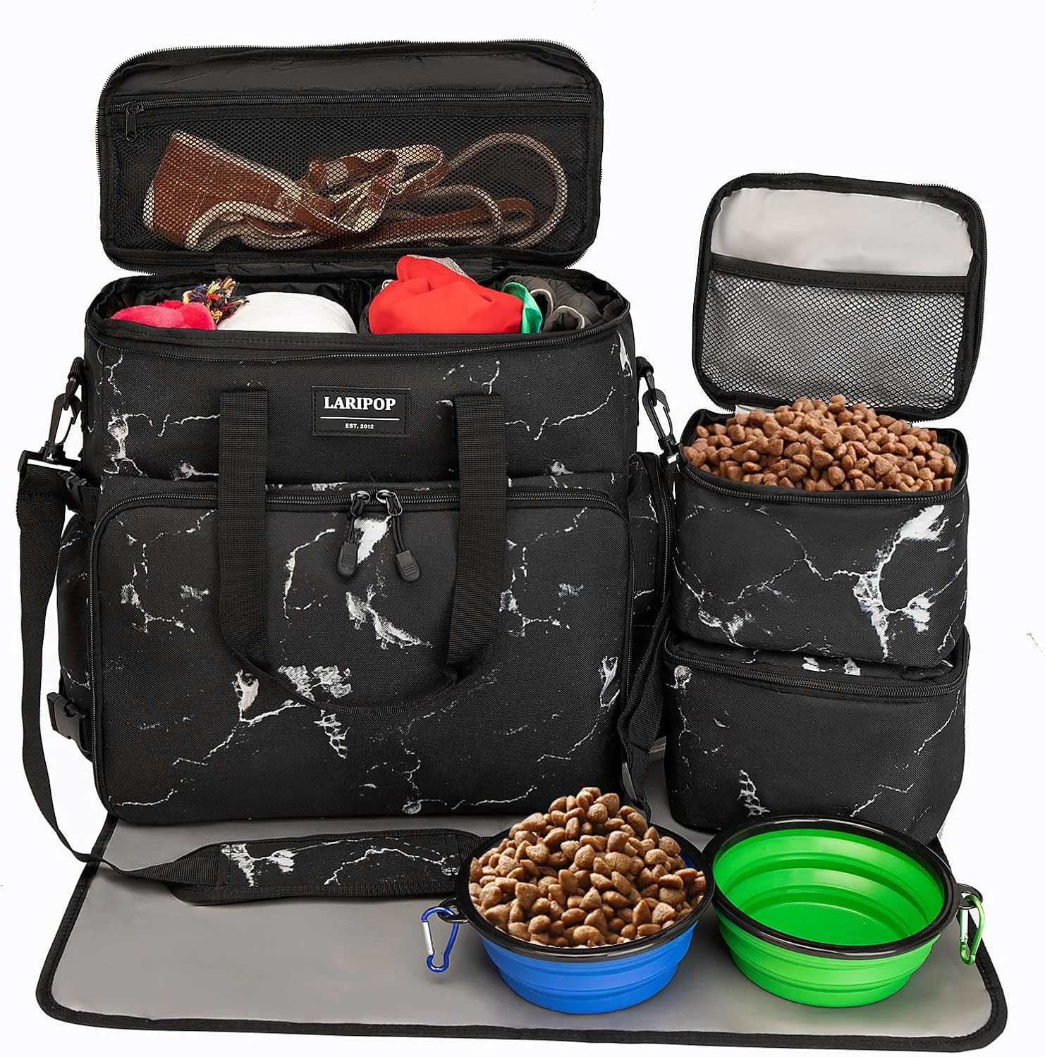 Advanced Dog Travel Bag Weekend Pet Travel bag Set for Dog and Cat Airline Tote Multi-Function Dog Bags for Traveling Include 2 Collapsible Bowls 2 Food Storage Containers 1 Feeding Mat Marble Certified