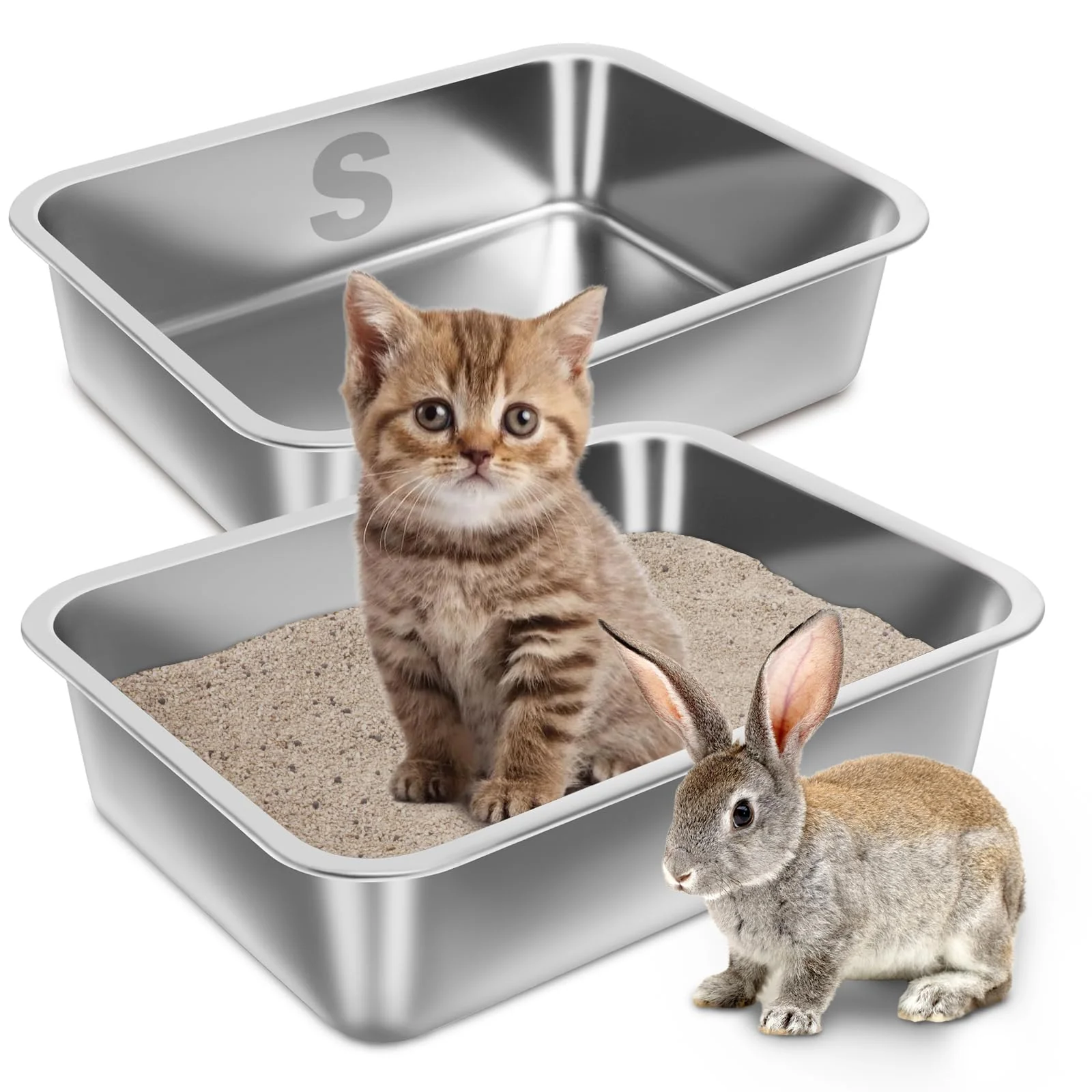 Traditional Holintan Stainless Steel Litter Box for Kitten – 2 Pack Easy Entry Odor-Resistant Relaxed