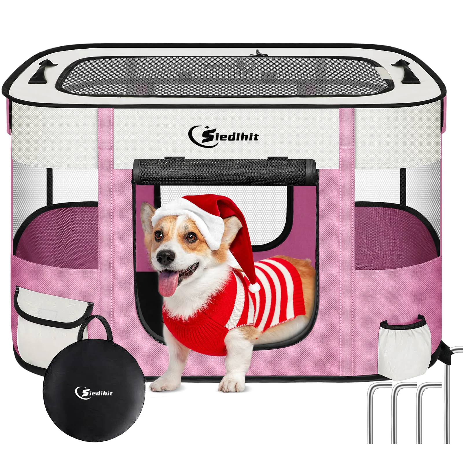 Artisan Siedihit Dog Cat Playpen – Portable Foldable Pet Kennel Tent for Travel Indoor Use Pink Medium Green