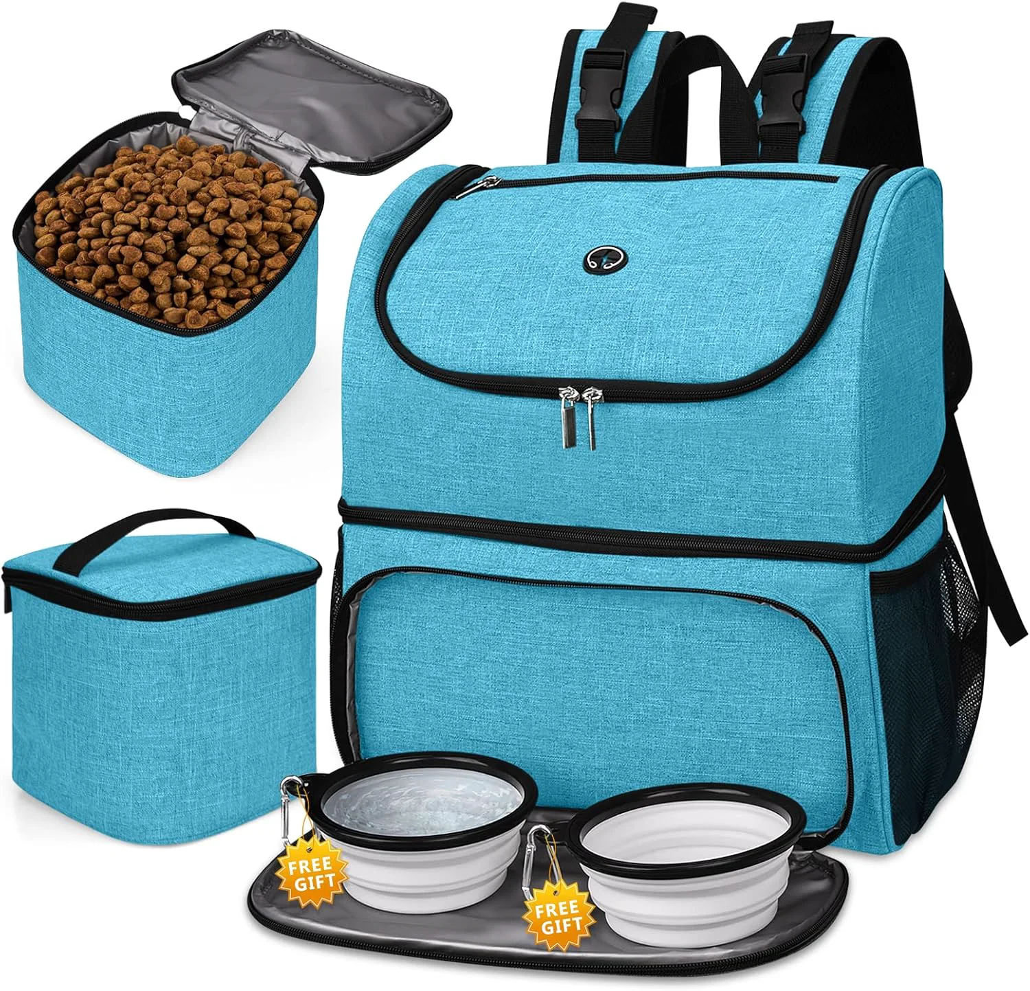 Contemporary BAGLHER Pet Travel Bag Double-Layer Pet Supplies Backpack for All Pet Travel Supplies Pet Travel Backpack with 2 Silicone Collapsible Bowls and 2 Food Baskets Sky Blue Safe