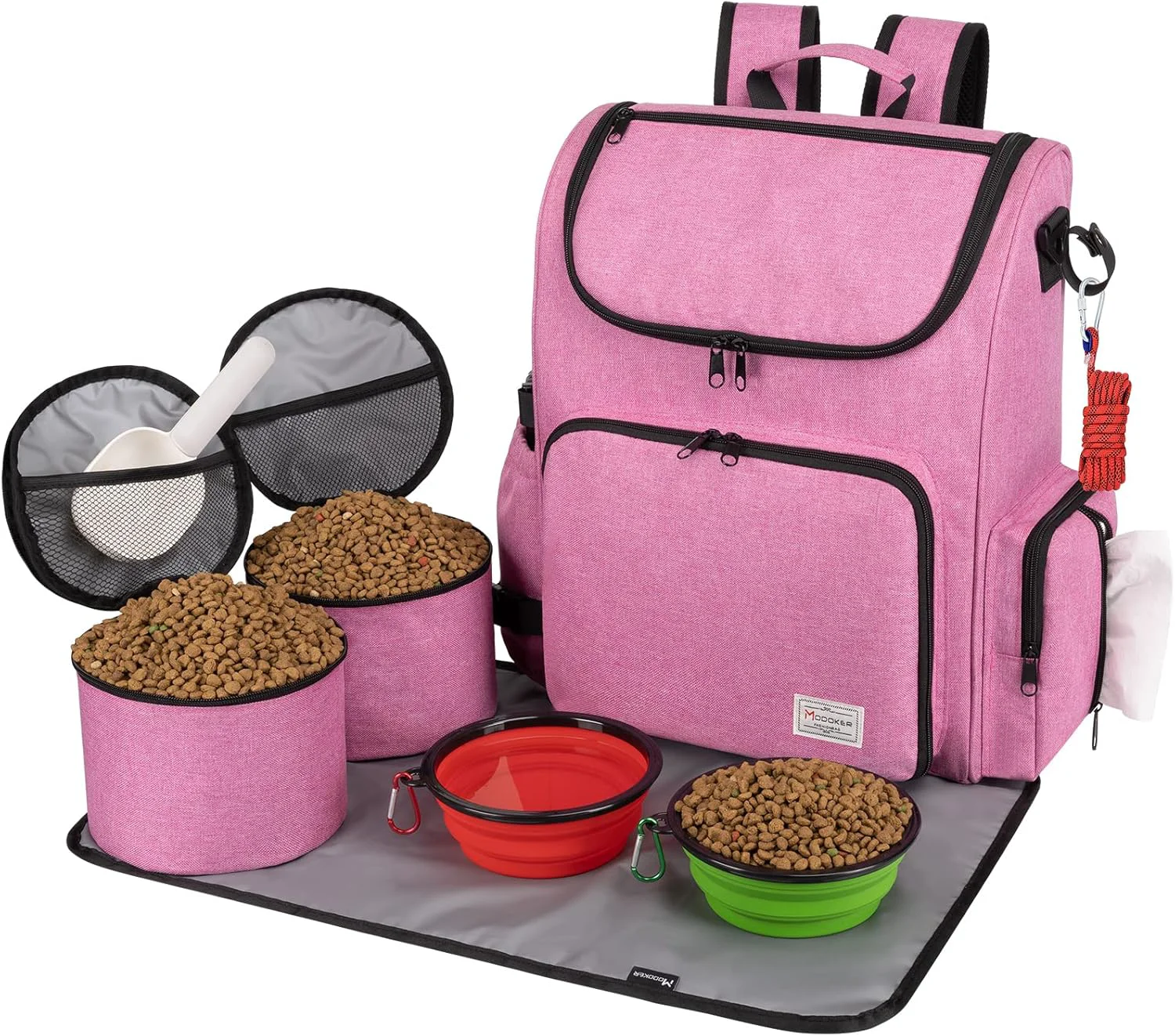 Carefully Designed Modoker Dog Travel Bag Backpack Airline Pet Accessories Organizer for Dog and Cat with Shoulder Strap 2 Dog Food Storage Containers 2 Collapsible Dog Bowls 1 Pet Mat Pink Premium Material