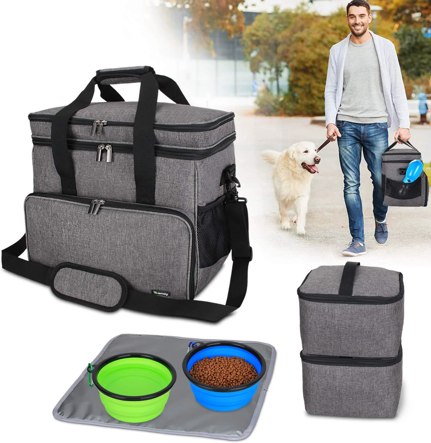 High-End Teamoy Double Layer Dog Travel Bag Dog Bag for Supplies with 2 Silicone Collapsible Bowls 2 Food Carriers 1 Water-Resistant Placemat Pet Supplies Weekend Tote Organizer Large Gray Efficient