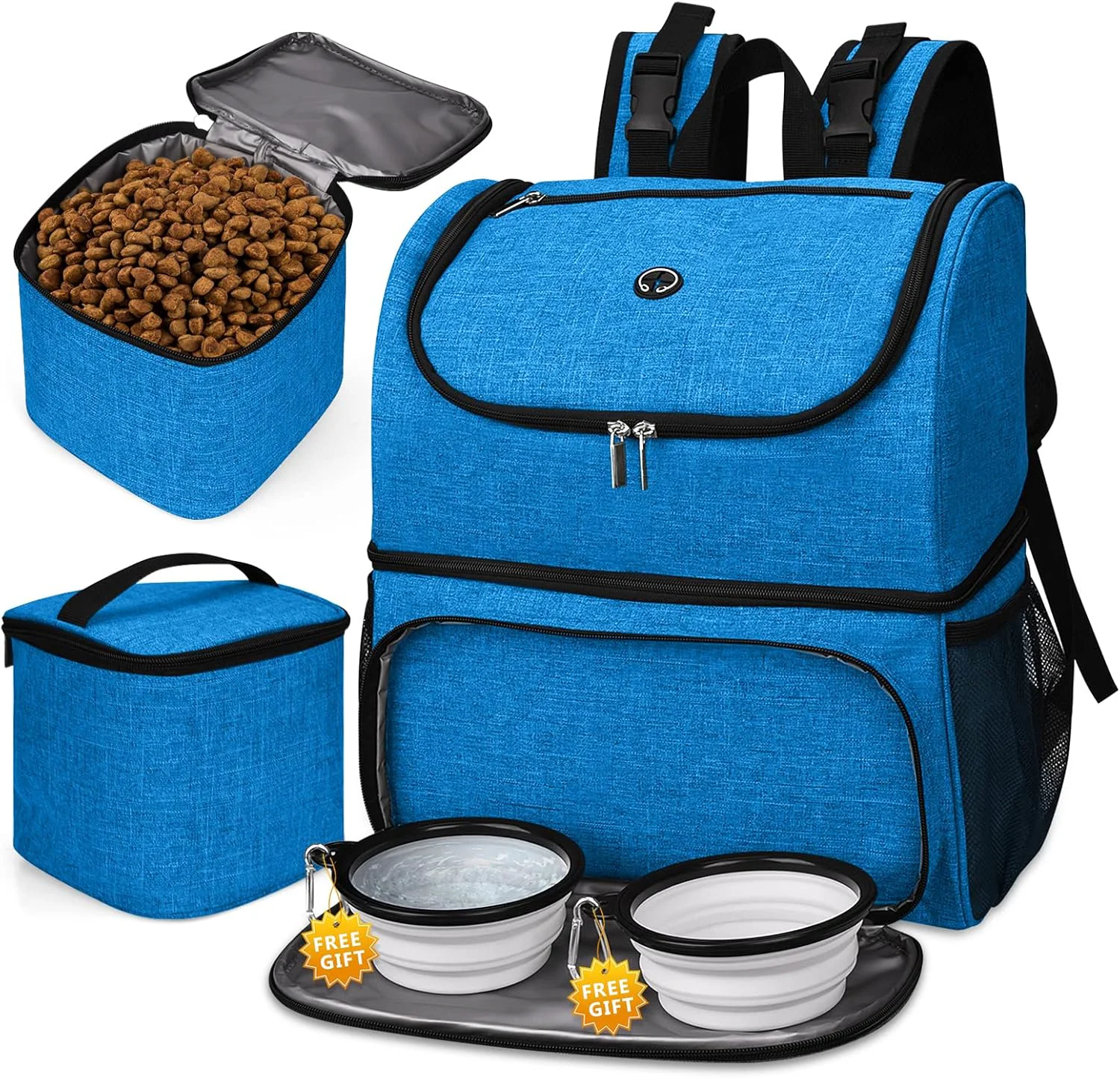 Top-Quality BAGLHER Pet Travel Bag Double-Layer Pet Supplies Backpack for All Pet Travel Supplies Pet Travel Backpack with 2 Silicone Collapsible Bowls and 2 Food Baskets Blue Verified