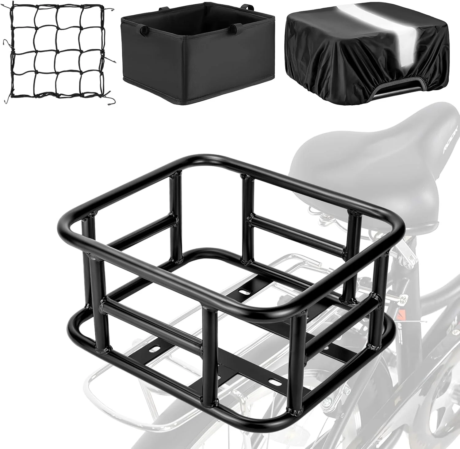 Luxury Bike Basket Rear with Liner Waterproof Cover Cargo Net Large Rear Bike Basket Heavy Duty Bicycle Rear Basket for Electric Bike Ebike Great for Bike Trip Carrying Grocery Ball Dog Authentic