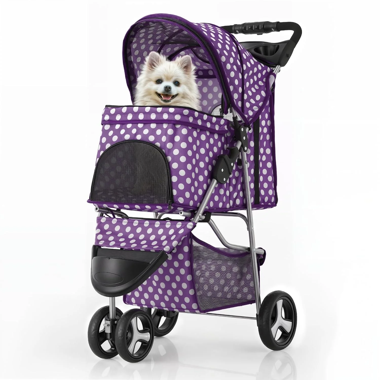 Sustainable MoNiBloom 3 Wheels Pet Dog Cat Stroller for Small Medium Dogs Cats Foldable Jogger Stroller w Storage Basket and Cup Holder Purple Polka Dots Premium