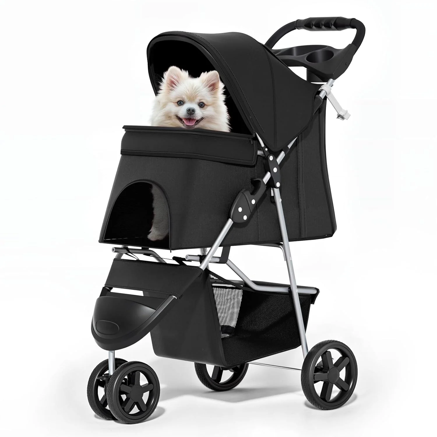 Sustainable MoNiBloom Foldable Pet Stroller with Weather Cover 3 Wheels Pet Strolling Cart for Small Medium Dogs and Cats with Storage Basket and Cup Holder Breathable and Visible Mesh for All-Season Black Durable