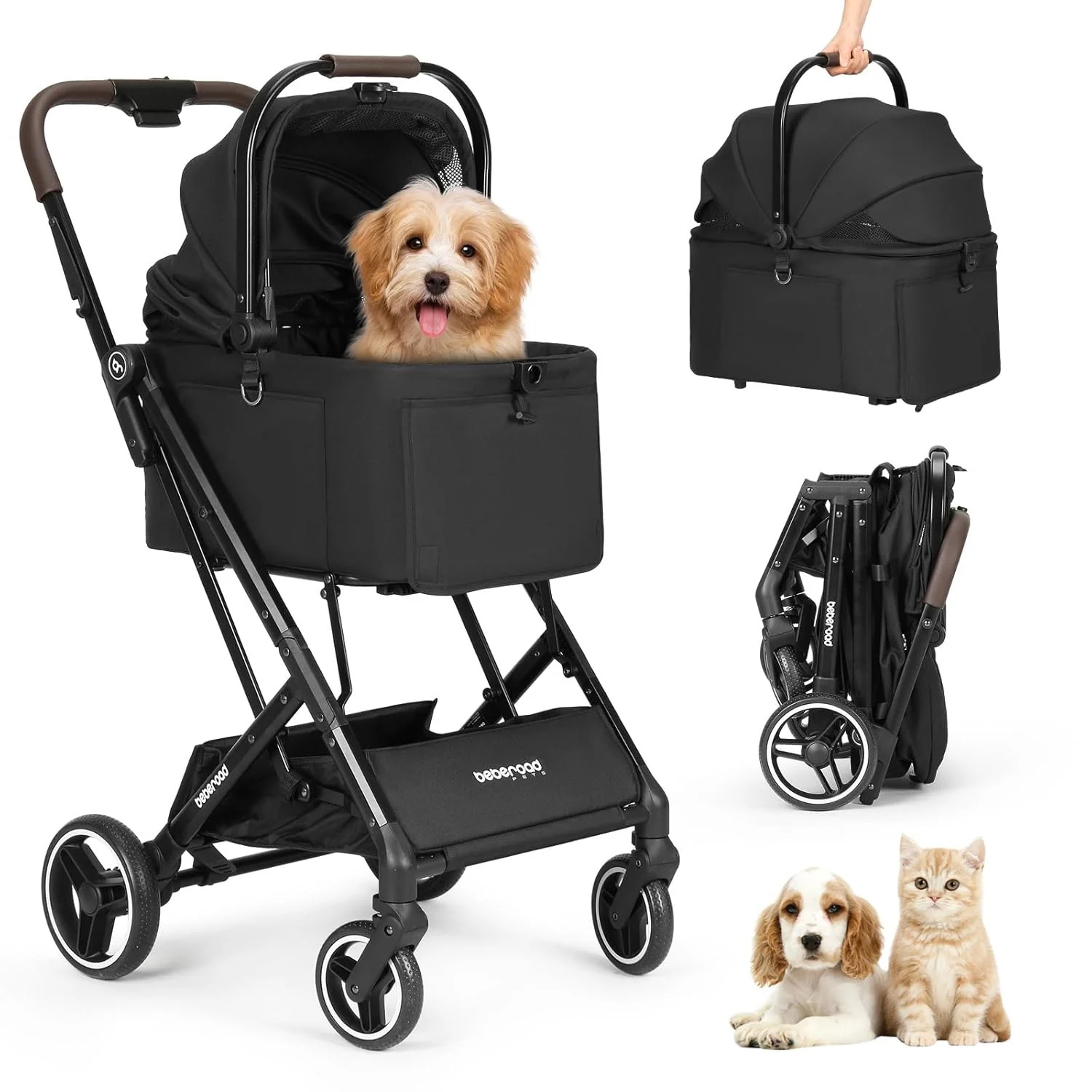 Trusted X2 Pet Stroller Dog Cat Stroller for Small Pets Under 44lbs Equipped with Detachable Foldable Carrier Waterproof Pad Sunshade Canopy Camel Black Smart