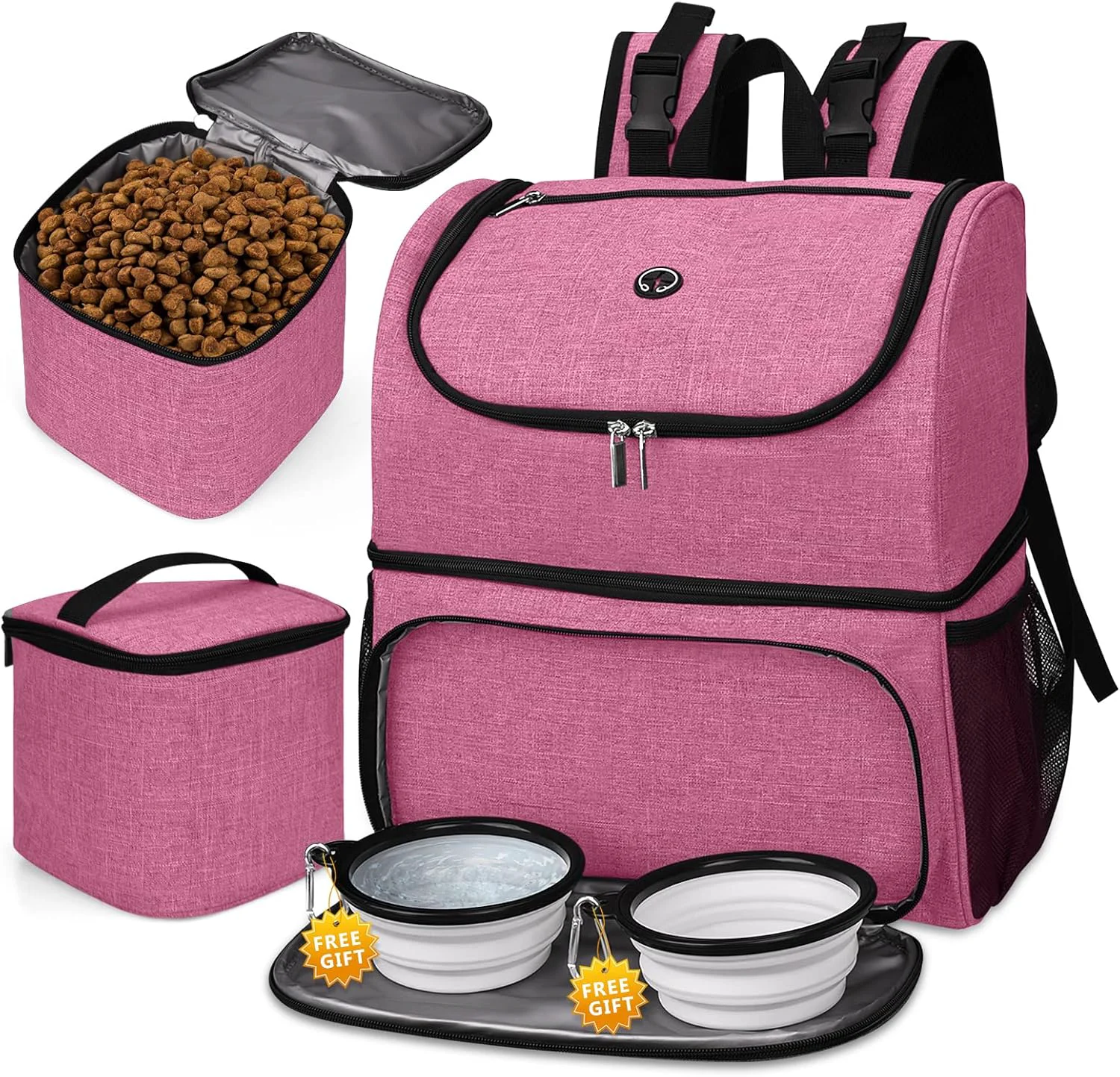 Premium Material BAGLHER Pet Travel Bag Double-Layer Pet Supplies Backpack for All Pet Travel Supplies Pet Travel Backpack with 2 Silicone Collapsible Bowls and 2 Food Baskets Pink Exclusive