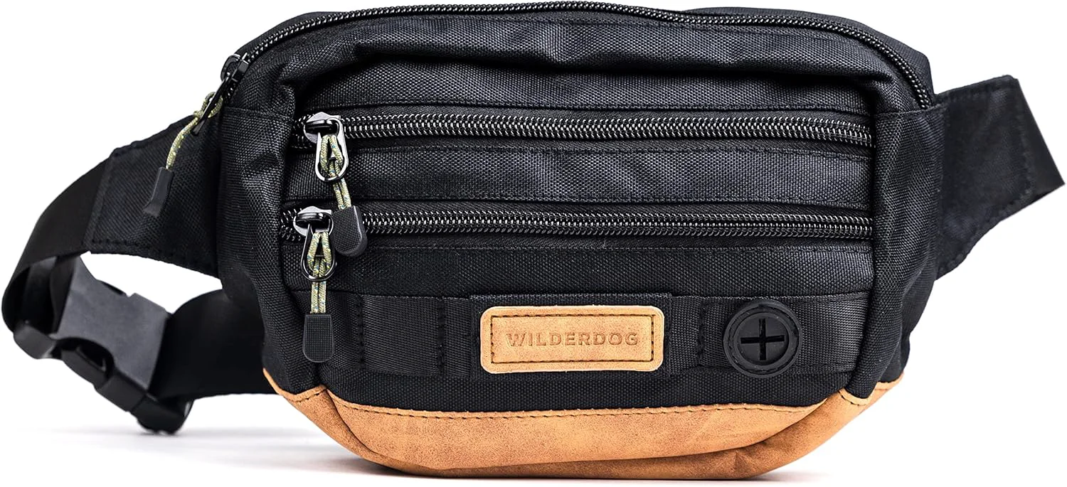 Proven Wilderdog Utility Fanny Pack stores Treats Balls Keys in 3 Pockets with adjustable strap and Poop Bag dispenser Black Official