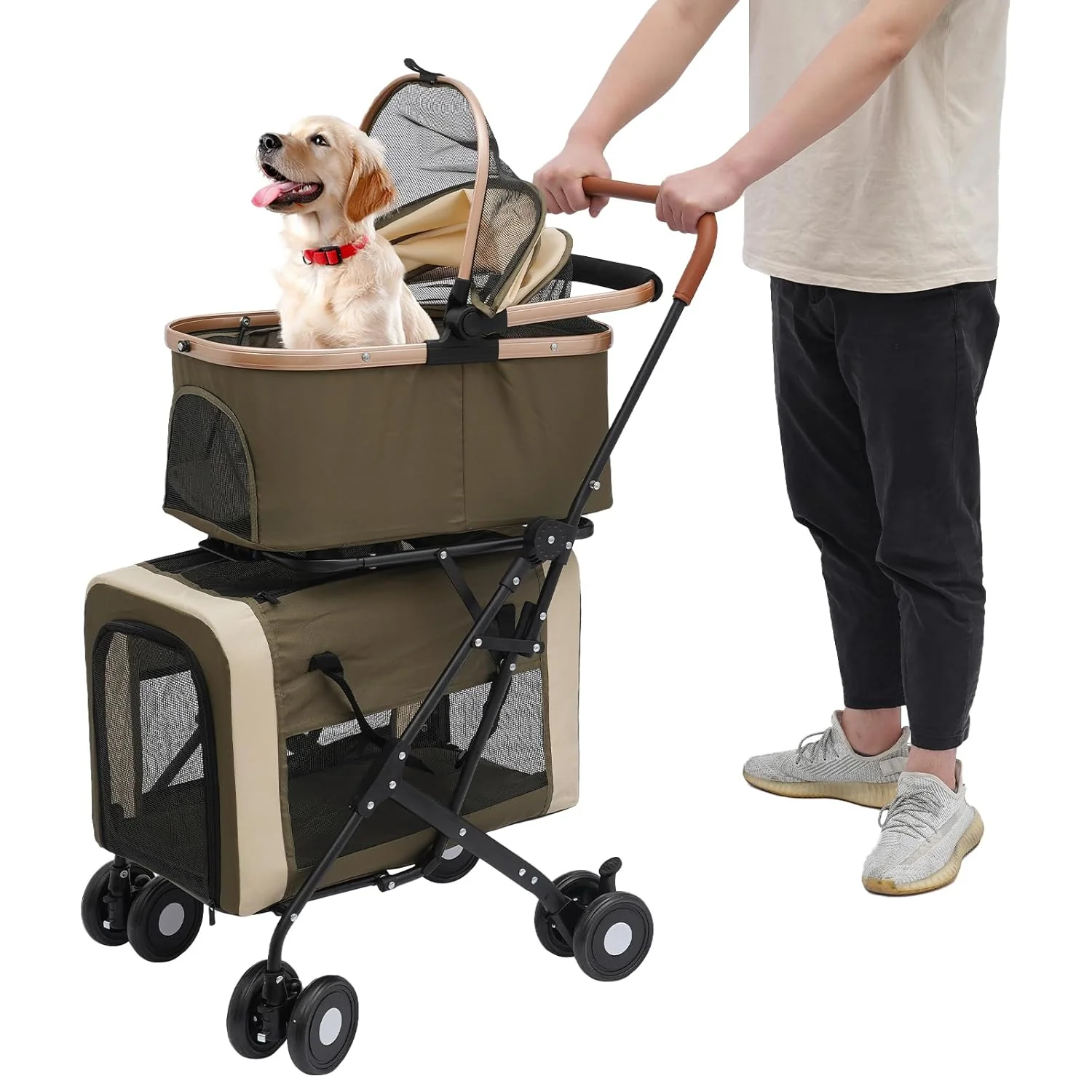Artisan Foldable Pet Stroller for Small Medium Dogs Double Dog Cat Stroller with 3-in-1 Travel System Detachable Pet Carrier with Wheels for Cats and Dogs up to 77 lbs Dark Green Luxury