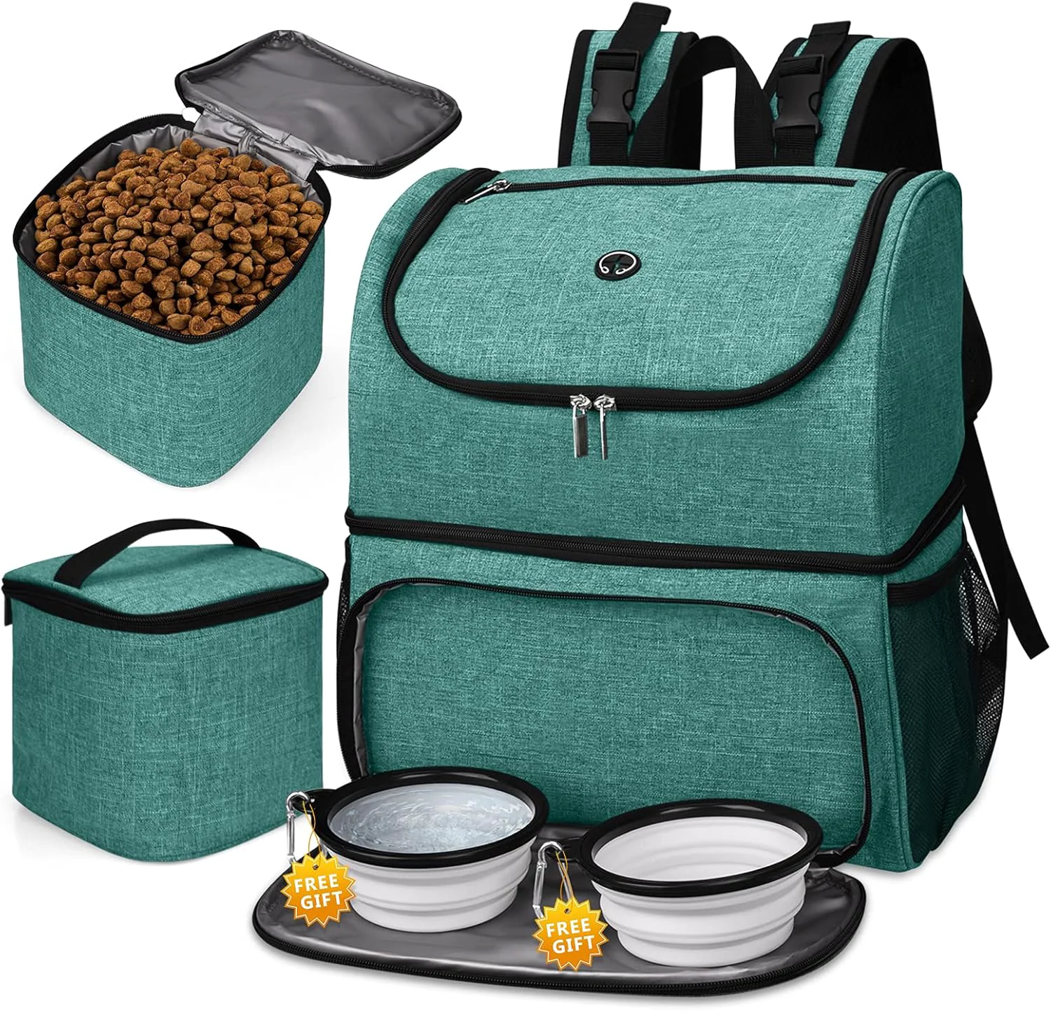Sustainable BAGLHER Pet Travel Bag Double-Layer Pet Supplies Backpack for All Pet Travel Supplies Pet Travel Backpack with 2 Silicone Collapsible Bowls and 2 Food Baskets Green Fast
