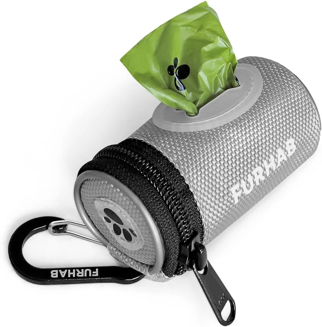 Refined Glow Dog Poop Bag Holder for Leash Doggie Waste Bag Dispenser Puppy Potty Carrier Small Doggy Zipper Pouch with Carabiner Clip 1680D Nylon Oxford with 1 Roll of Pet Trash Bags Silver Enhanced