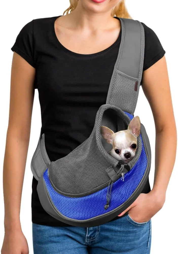 Classic YUDODO Pet Sling Carrier for Small Dogs Cats – Hands- Puppy Carrier with Safety Hook Large Zipper Pocket Soft Breathable Mesh Adjustable Strap Reflective Strip Blue 1.0 L High-Grade