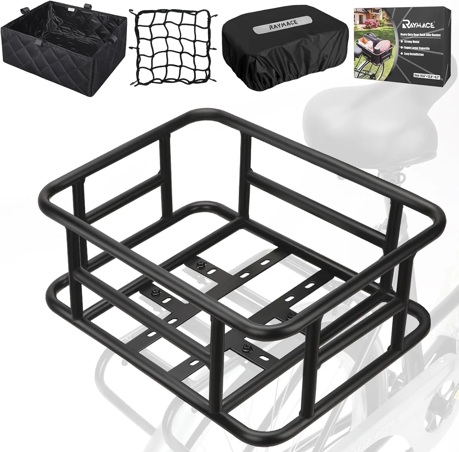 Practical RAYMACE Rear Rack Bike Basket with Cargo Net and Liner Large Bicycle Basket Mount for Electric Bike Healthy