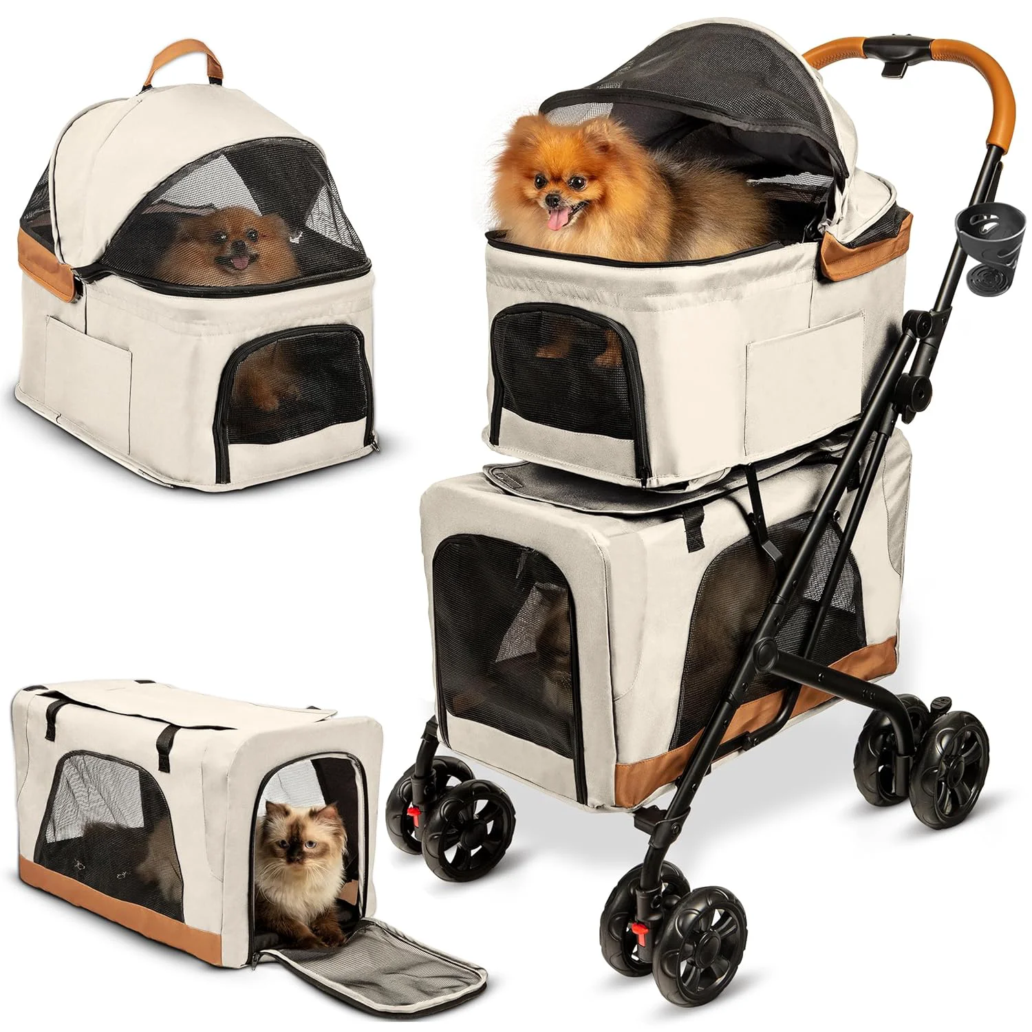 Superior Double Pet Stroller with Detachable Carriers - I for 2 Dogs or Cats - Compact Convenient Design - Easy Assembly Double Dog Stroller - Cosmic Beige Trendy