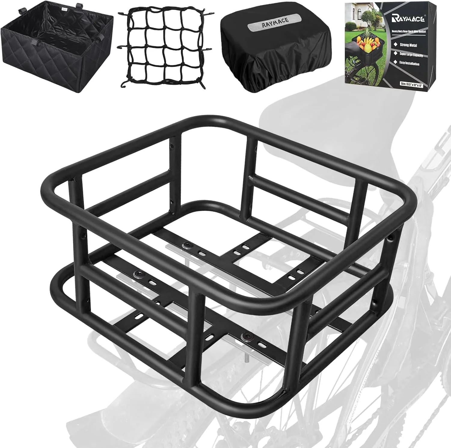 Reusable RAYMACE Rear Rack Bike Basket with Cargo Net and Liner Large Bicycle Basket Mount for Electric Bike Modern
