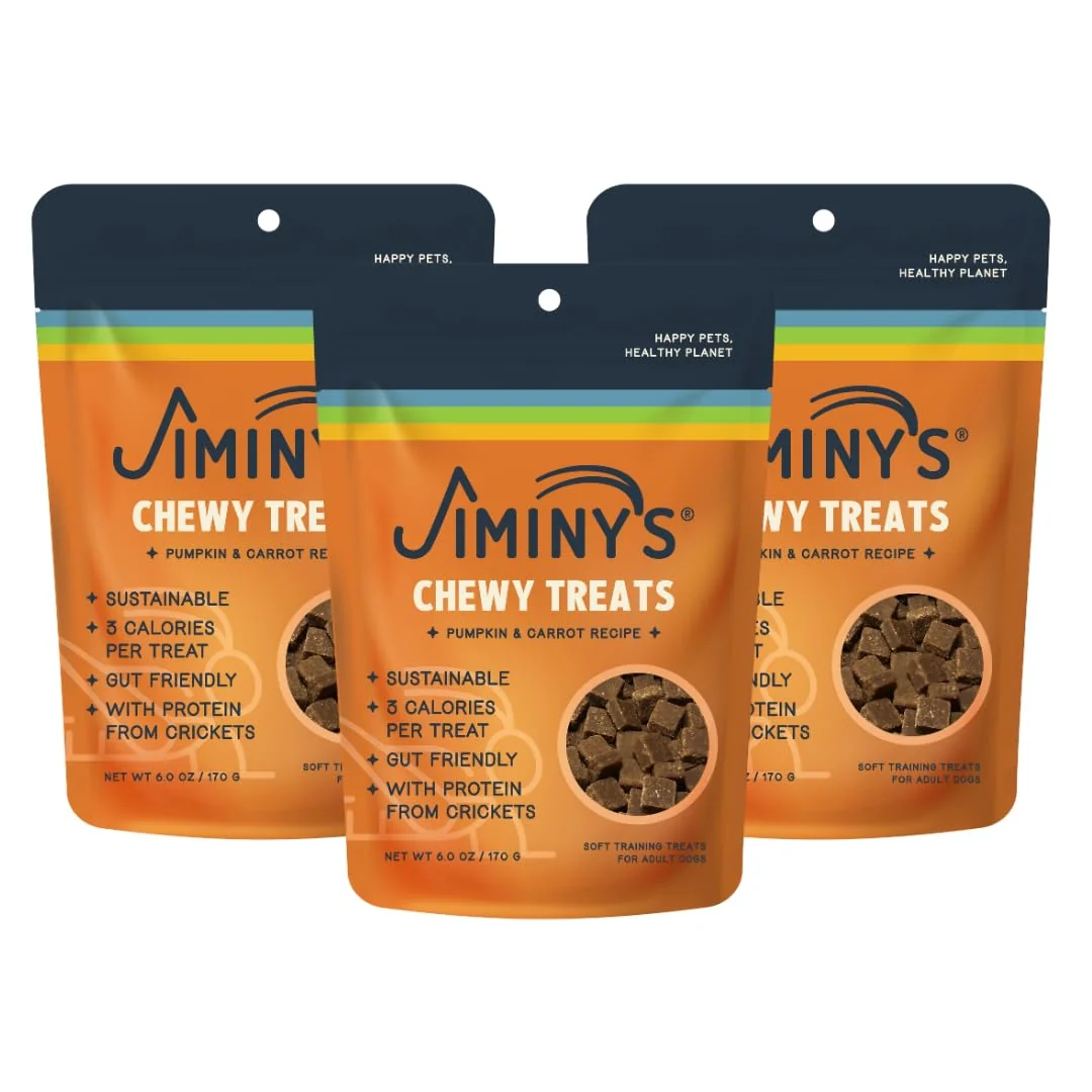 Effective Jiminy's Chewy Cricket Training Treats for Dogs — Low Calorie Hypoallergenic USA Made Pumpkin Carrot Pack of 3 Proven