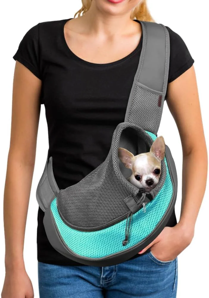 YUDODO Pet Sling Carrier for Small Dogs Cats – Hands- Puppy Carrier with Safety Hook Large Zipper Pocket Soft Breathable Mesh Adjustable Strap Reflective Strip Cyan 1.0 M Stylish