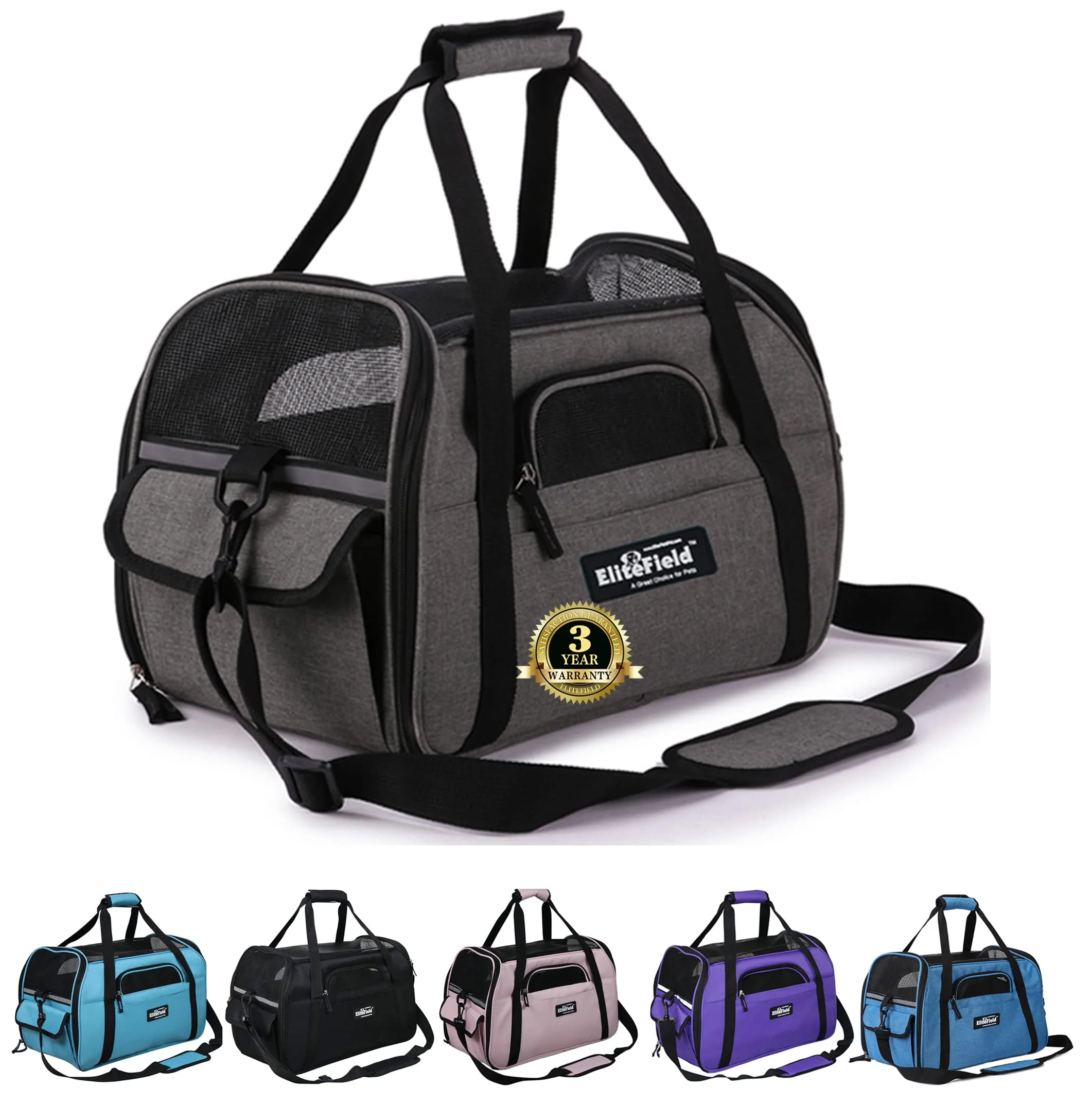 Breathable EliteField Soft Sided Pet Carrier – Airline 17 L x 9 W x 12 H Charcoal Gray 3-Year Warranty Sustainable