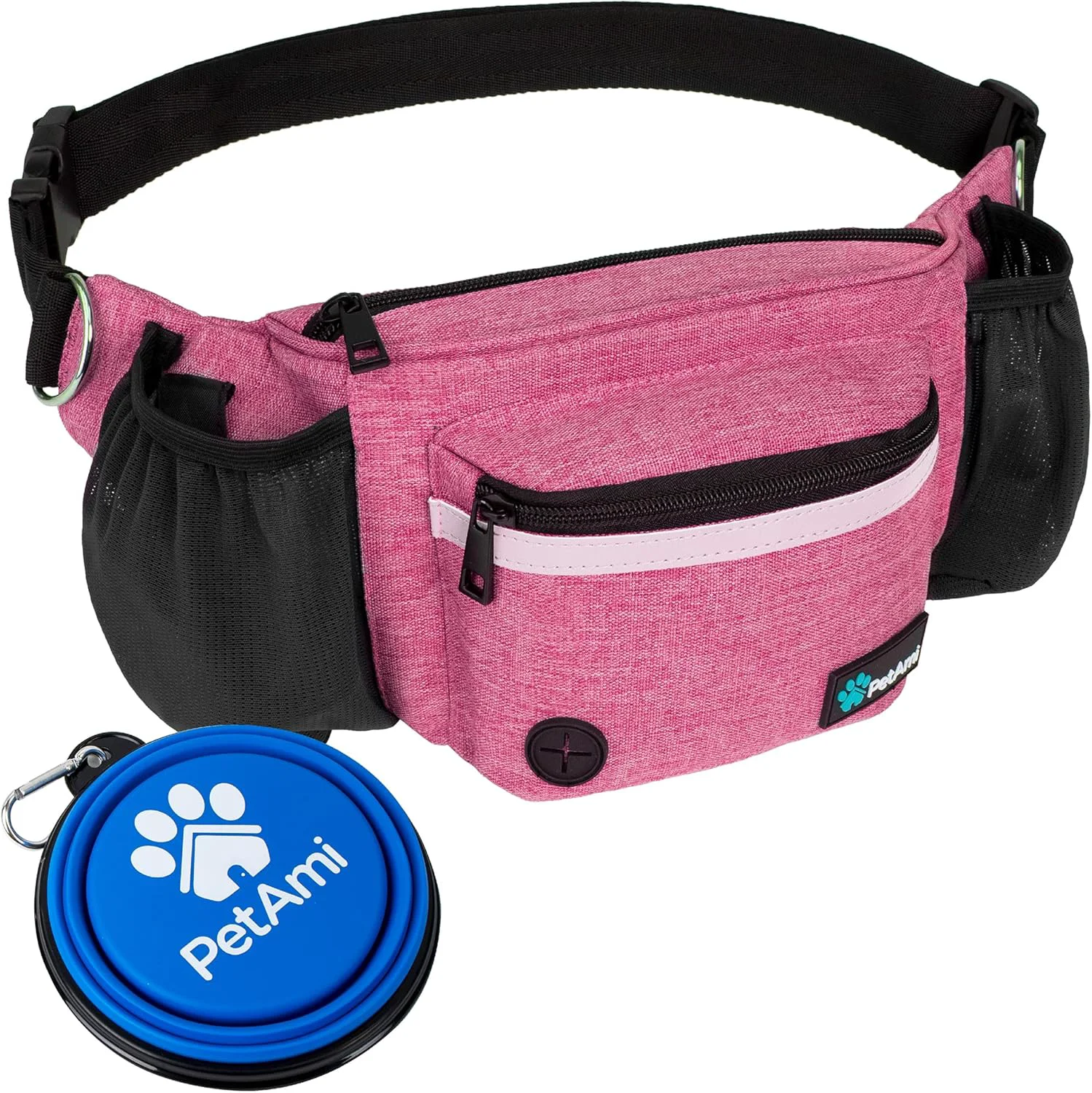 Pure PetAmi Dog Fanny Pack Treat Pouch for Dog Walking Training Built in Poop Bag Dispenser Water Bottle Holder Collapsible Bowl Pet Treat Waist Belt for Hiking Running Kibbles Pink Expertly Made
