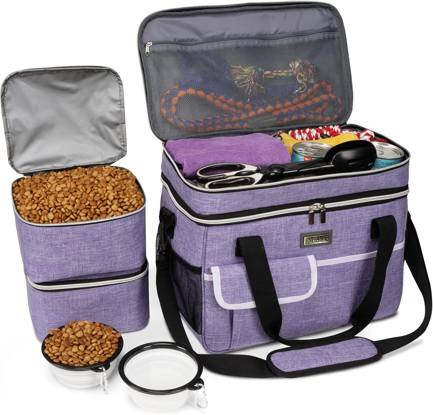 Casual BAGLHER Dog Travel Bag for Supplies - Double-Layer Airline Weekend Pet Travel Organizer Set for Dog and Cat Tote with 2 Pet Food Containers and 2 Collapsible Silicone Bowls Purple Next-Generation