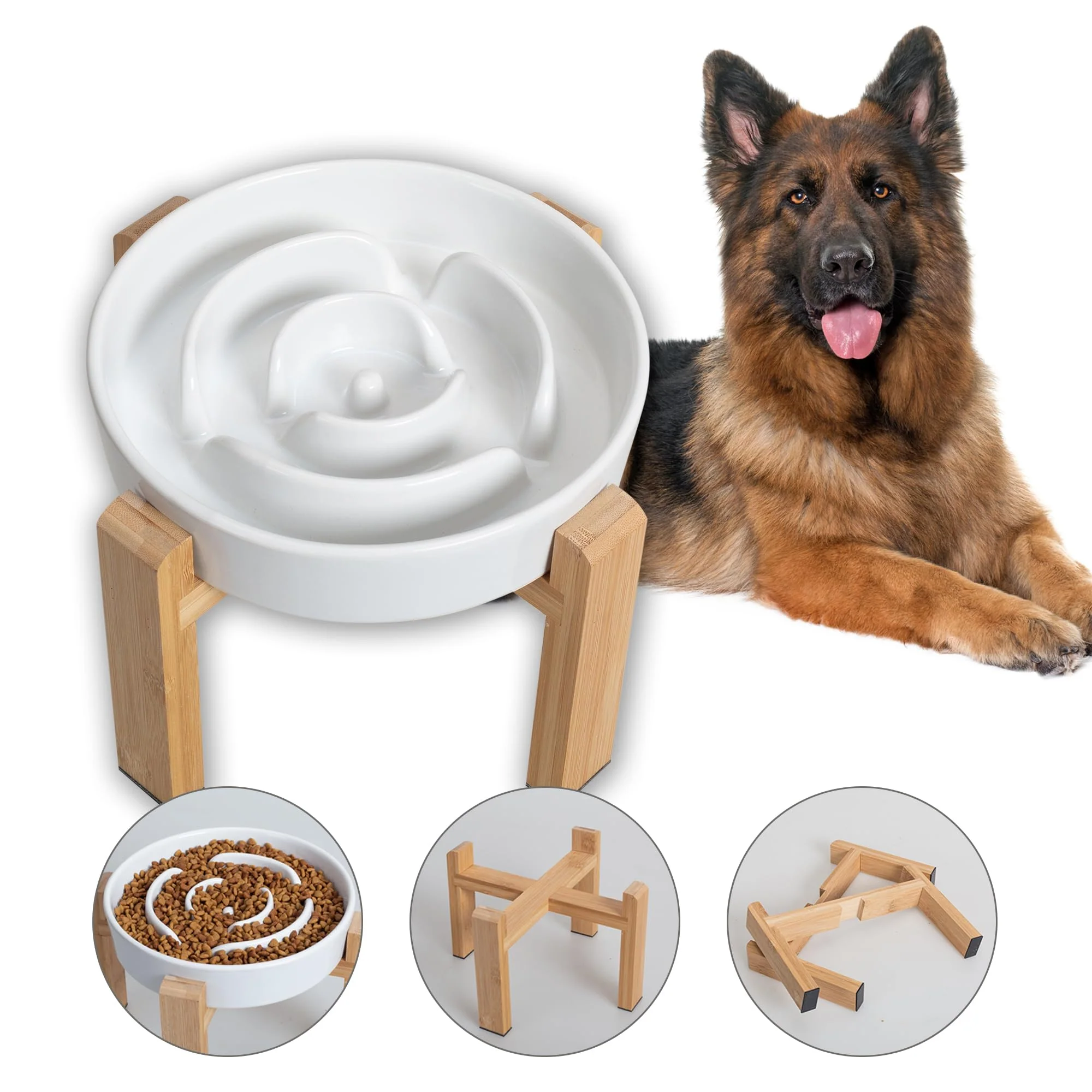 Authentic PTOBER d Slow Feeder Bowl – Ceramic Bowl with Bamboo Stand 8.8 inch Original Design