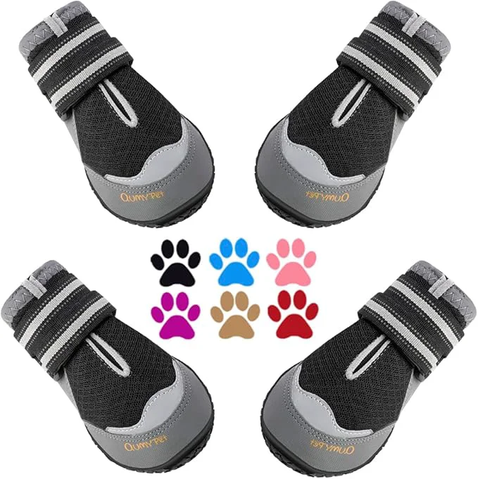 Versatile QUMY 4PCS Dog Boots for Large Dogs Medium Dog Shoes Paw Protectors for Hot Pavement Summer Heat Protection Mesh Breathable Nonslip Dog Booties for Hardfloors Walking Running Hiking Black Size 4About ThisOverview Minimalist