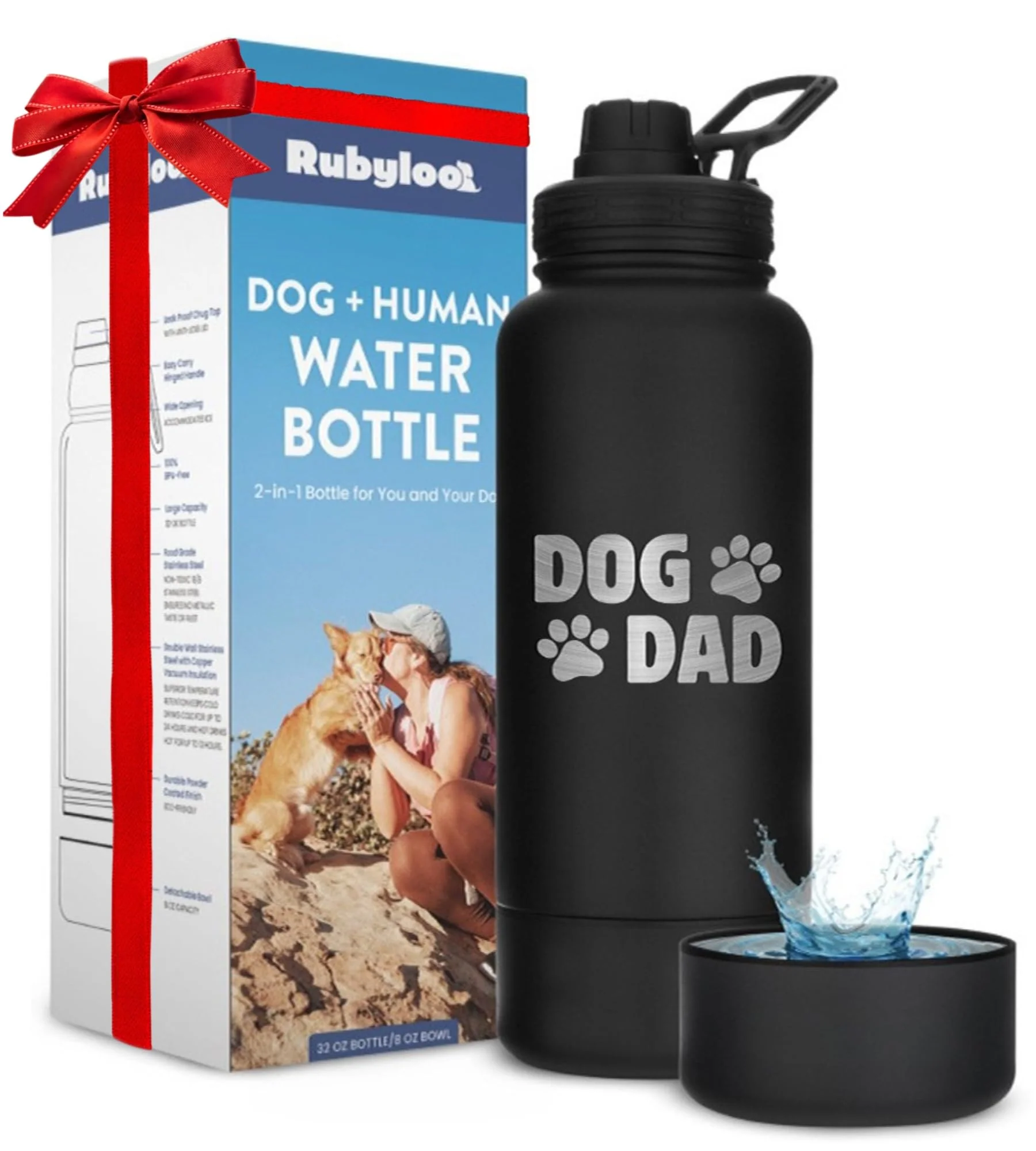 Exclusive Rubyloo Dog Dad 32oz Water Bottle with Detachable 8oz Bowl – 2-in-1 Stainless Steel Specialty
