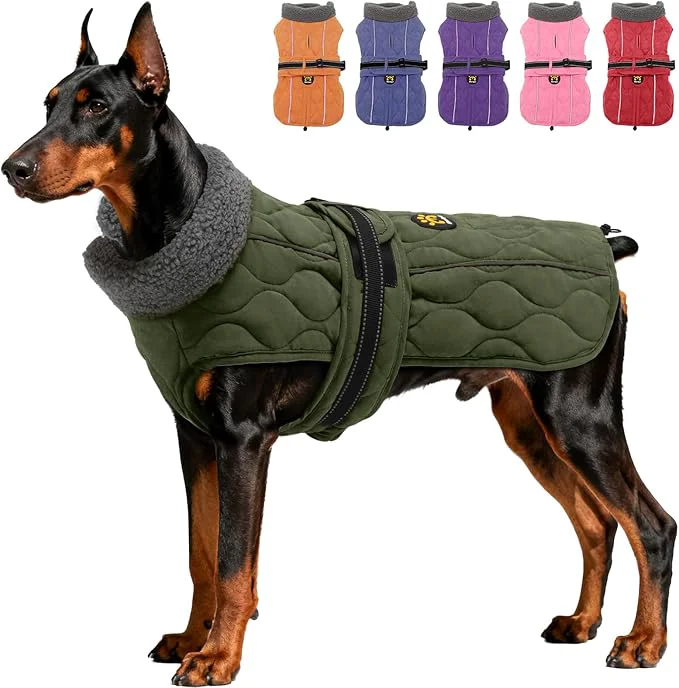 Smooth Dog Winter Coat Adjustable Quilted Dog Snow Jacket with Fleece Lining Water Resistant Pet Apparel for Cold Weather Warm Large Doggie Coat with Leash Hole and Reflective Strip NewGreen LAbout ThisOverview Secure