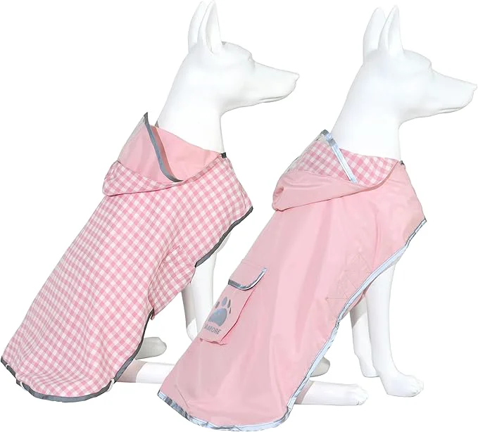 Trendy MAMORE Dog Raincoat Reversible Waterproof Dog Rain Coat Hooded Slicker Poncho with Reflective Strip Plaid Double Layer Rain Jacket for Small Medium Large Dogs Pink Small About ThisOverview Official