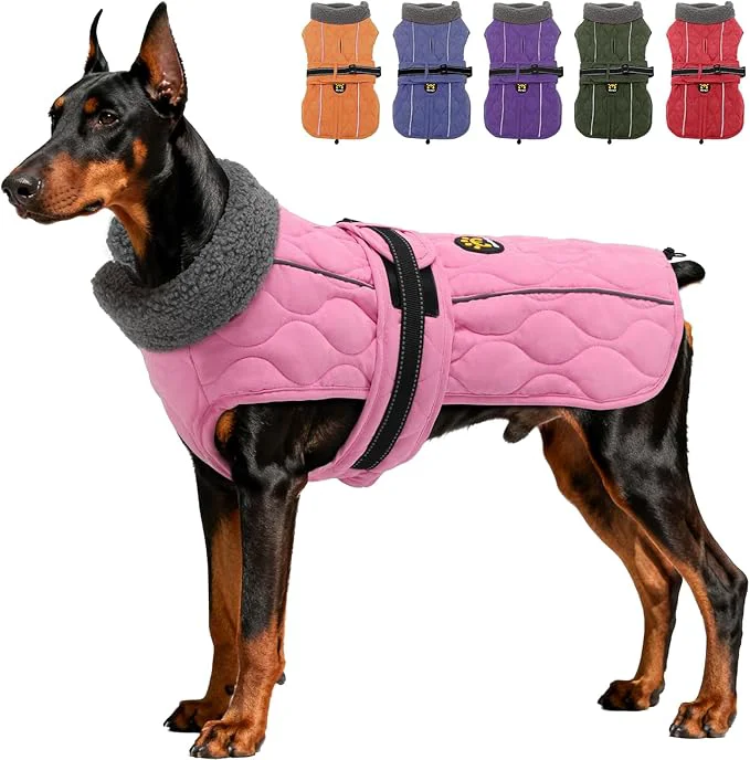 Artisan Dog Winter Coat Adjustable Quilted Dog Snow Jacket with Fleece Lining Water Resistant Pet Apparel for Cold Weather Warm Large Doggie Coat with Leash Hole and Reflective Strip NewPink LAbout ThisOverview Elegant
