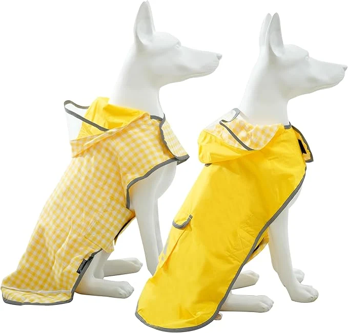 Enhanced MAMORE Dog Raincoat Reversible Waterproof Dog Rain Coat Hooded Slicker Poncho with Reflective Strip Plaid Double Layer Rain Jacket for Small Medium Large Dogs Yellow Small About ThisOverview Minimalist
