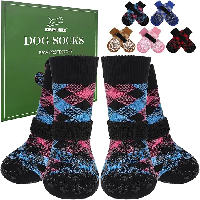 Fine EXPAWLORER Dog Socks for Cold Winter Snow to Prevent Licking Paws Anti Slip Doggie Booties Grippy Shoes for Hardwood Floors Boots Paw Protectors for Small Medium Large Senior Dogs Pink Blue MAbout ThisOverview Quality
