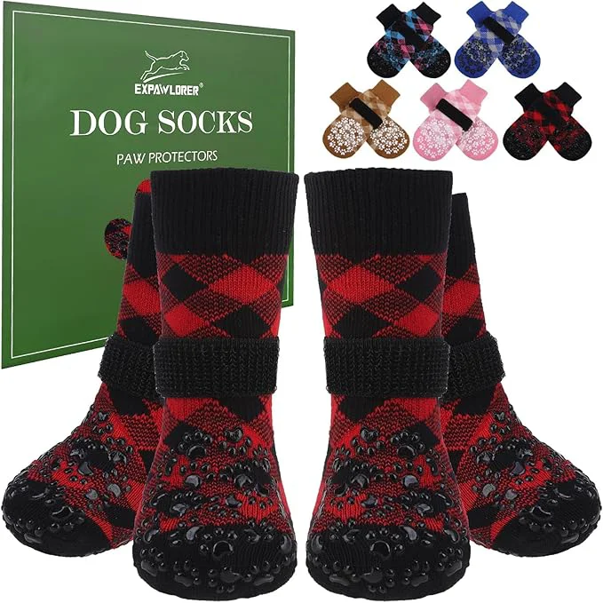 Unique EXPAWLORER Dog Socks for Cold Winter Snow to Prevent Licking Paws Anti Slip Doggie Booties Grippy Shoes for Hardwood Floors Boots Paw Protectors for Small Medium Large Senior Dogs Red Black XSAbout ThisOverview Original Design