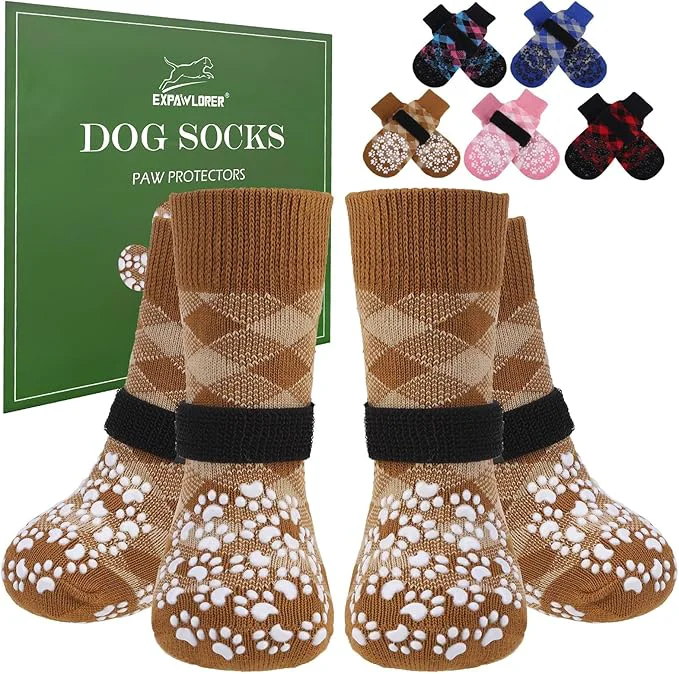 Genuine EXPAWLORER Dog Socks for Cold Winter Snow to Prevent Licking Paws Anti Slip Doggie Booties Grippy Shoes for Hardwood Floors Boots Paw Protectors for Small Medium Large Senior Dogs Khaki MAbout ThisOverview Trusted